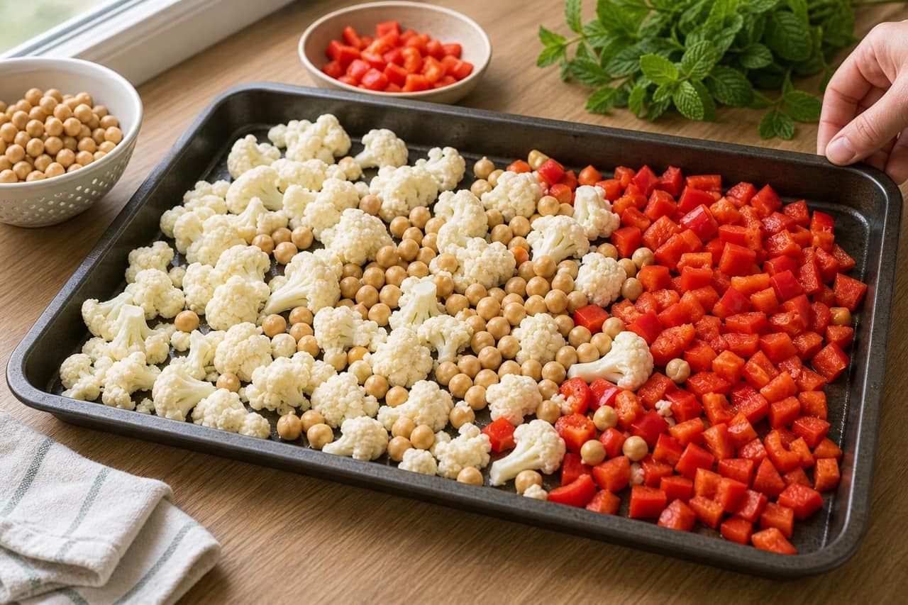 Roasted Cauliflower Chickpea Couscous Boxes with Apricot and Mint cooking step 1: Prep the roast veg.