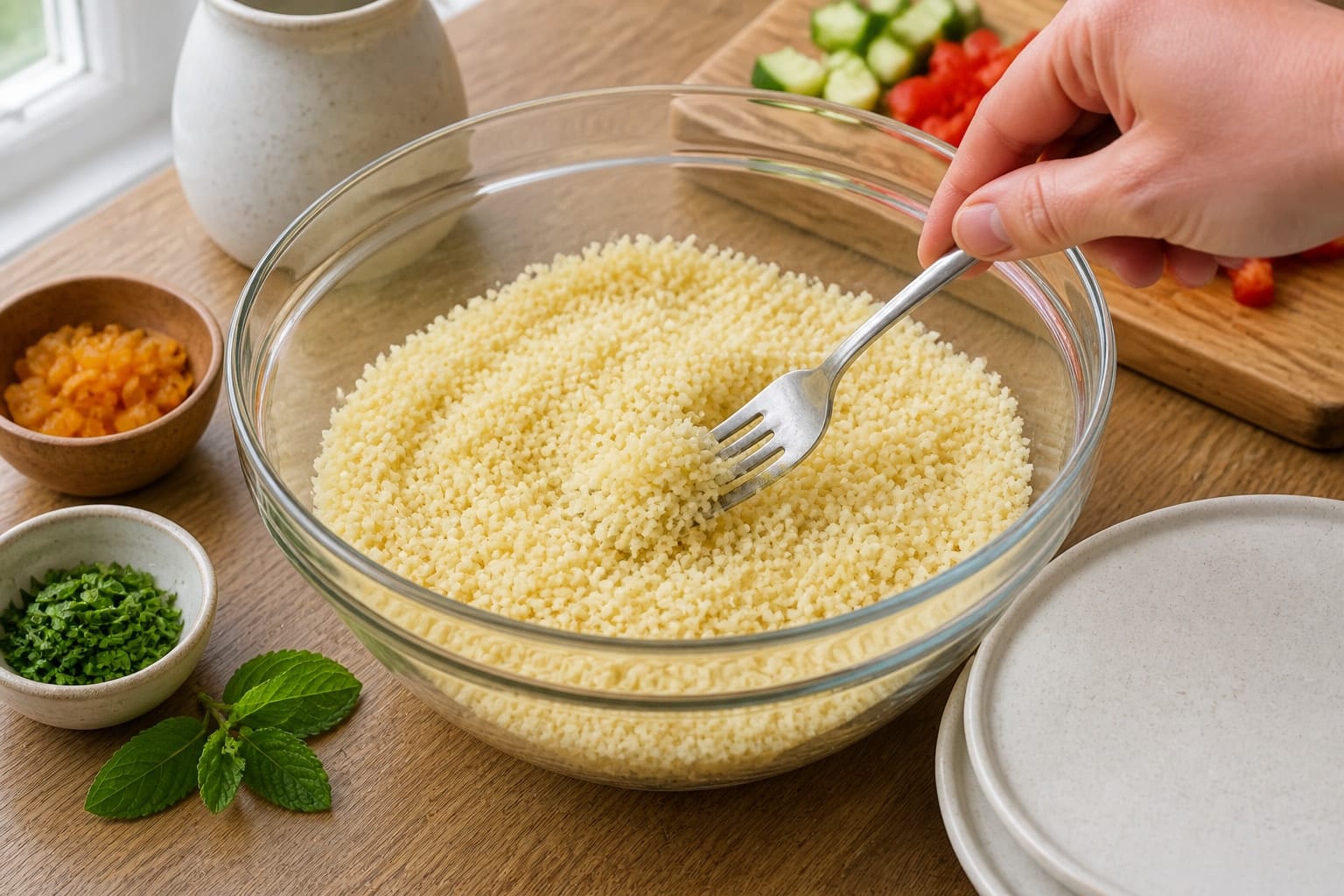 Roasted Cauliflower Chickpea Couscous Boxes with Apricot and Mint cooking step 3: Soak the couscous.
