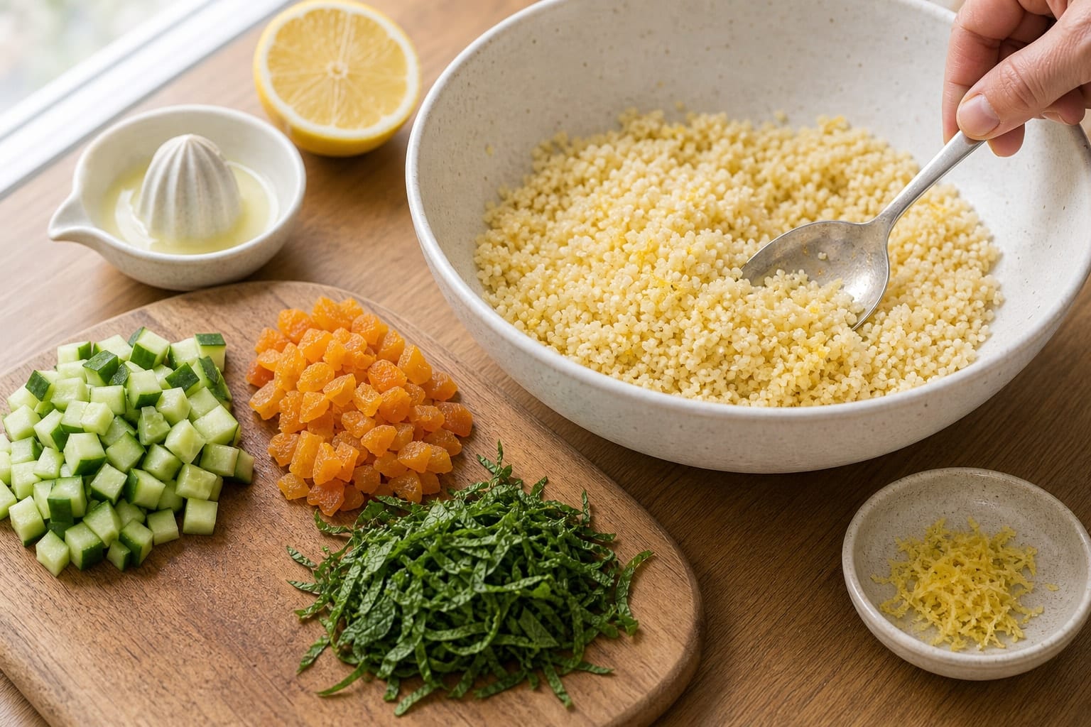 Roasted Cauliflower Chickpea Couscous Boxes with Apricot and Mint cooking step 4: Chop the fresh mix-ins.