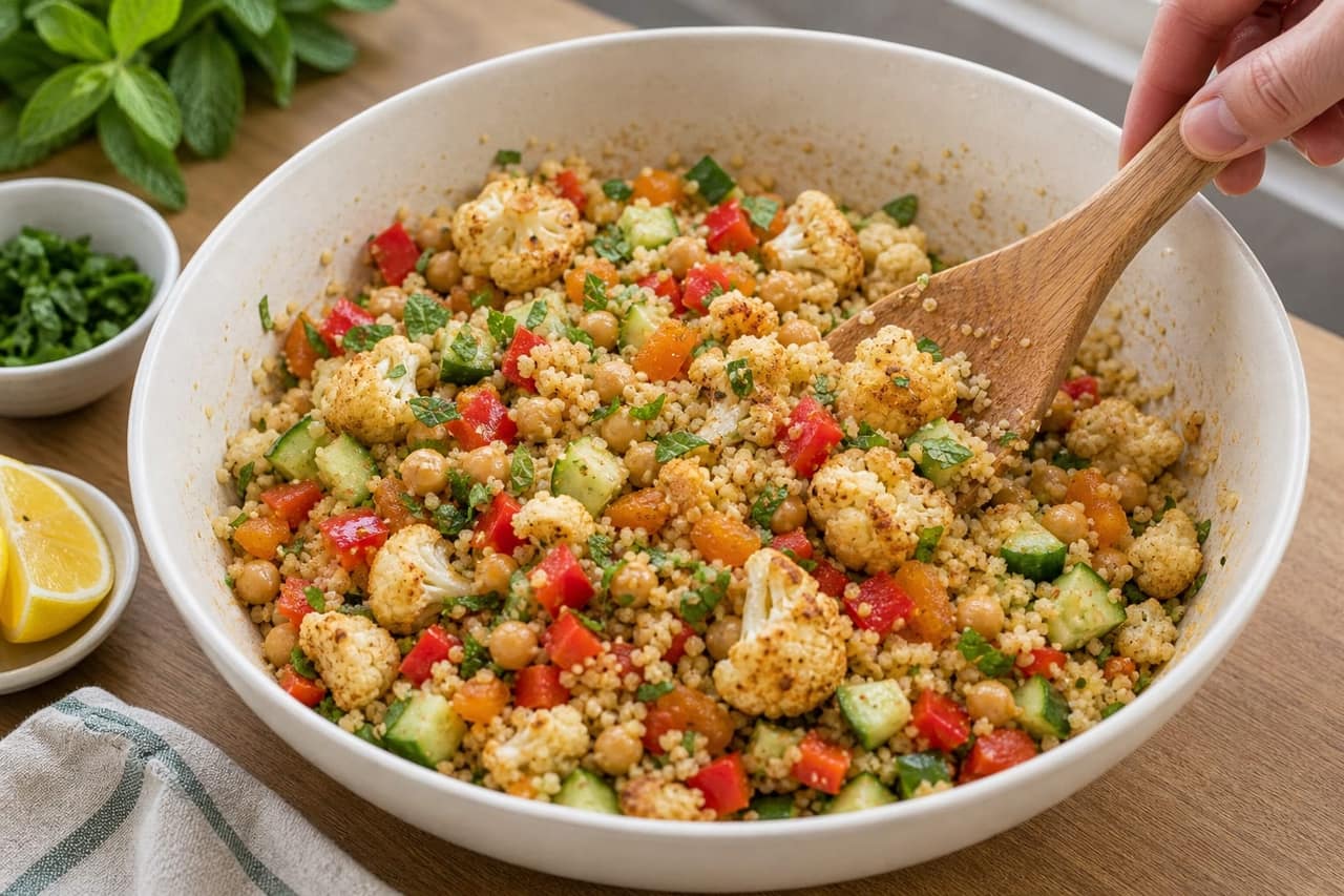 Roasted Cauliflower Chickpea Couscous Boxes with Apricot and Mint cooking step 5: Fold everything together.