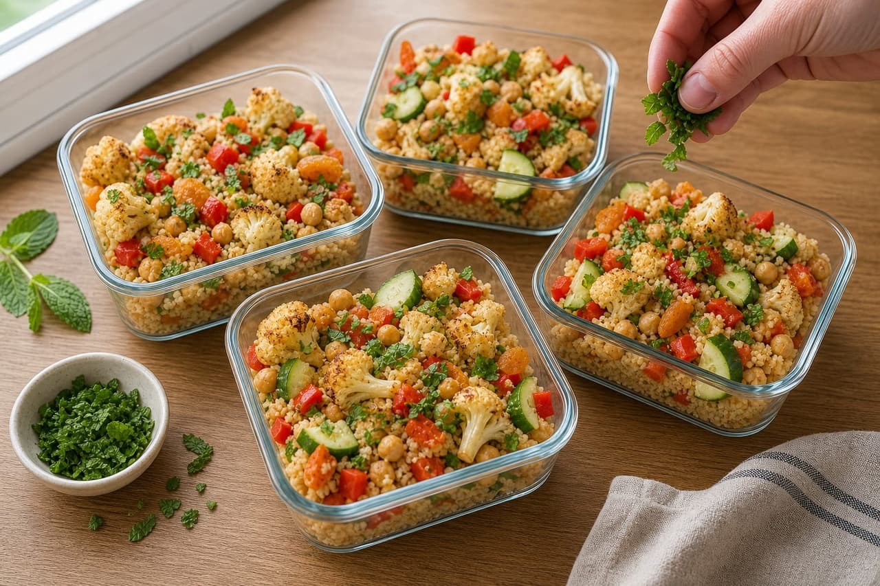 Roasted Cauliflower Chickpea Couscous Boxes with Apricot and Mint cooking step 6: Pack the boxes.