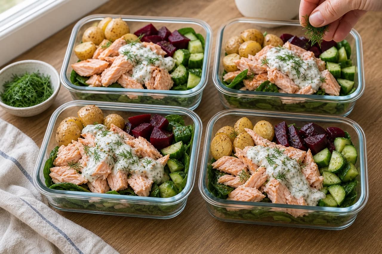 Salmon Beetroot Potato Boxes with Dill Yoghurt cooking step 6: Pack the boxes.
