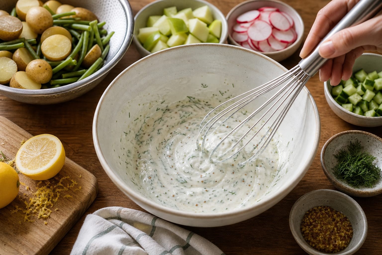 Tuna Potato Salad Boxes with Apple and Dill cooking step 4: Mix the dressing.