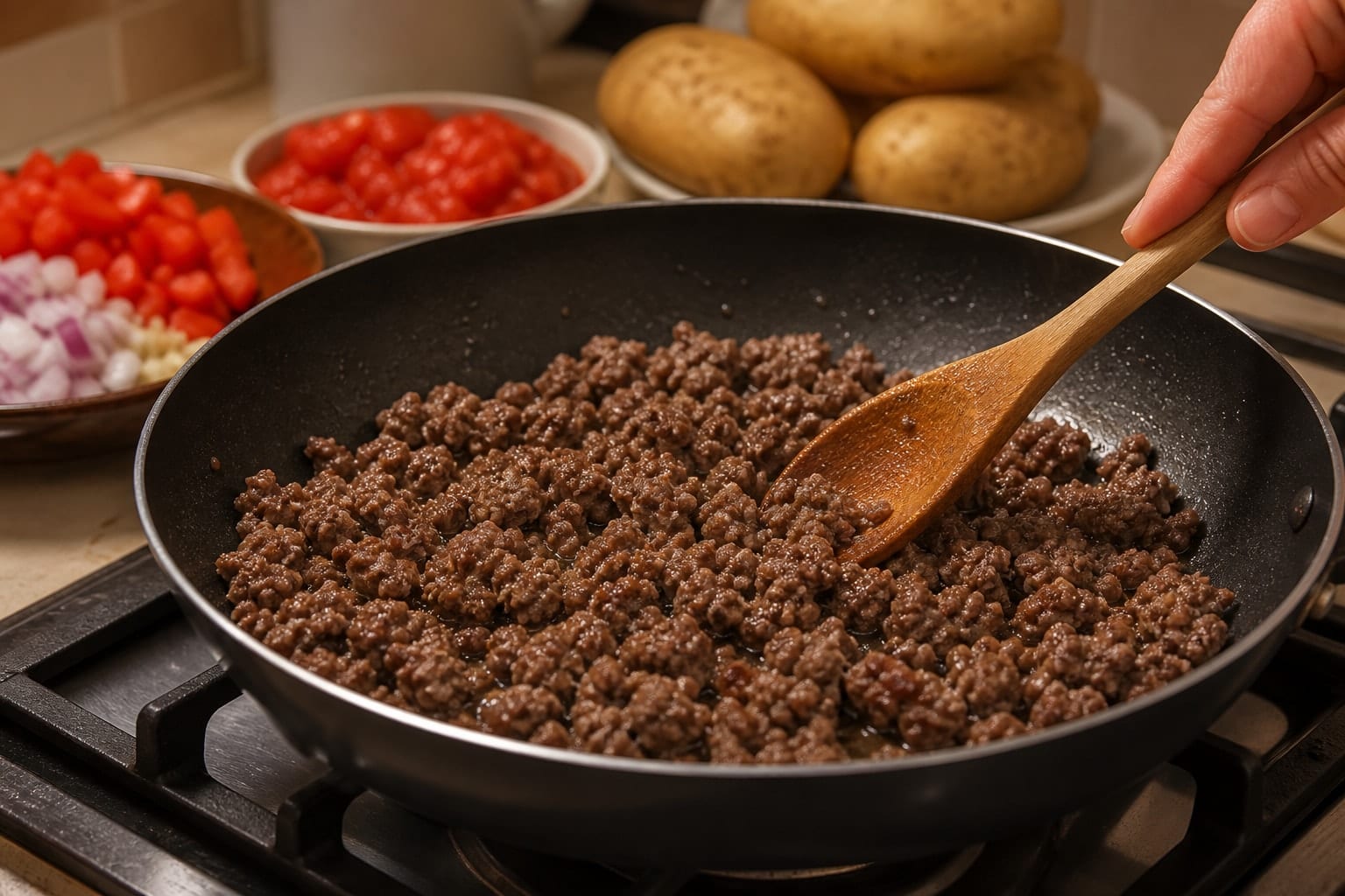 Smoky Beef Tomato Jackets with Lettuce Crunch cooking step 3: Brown the beef.