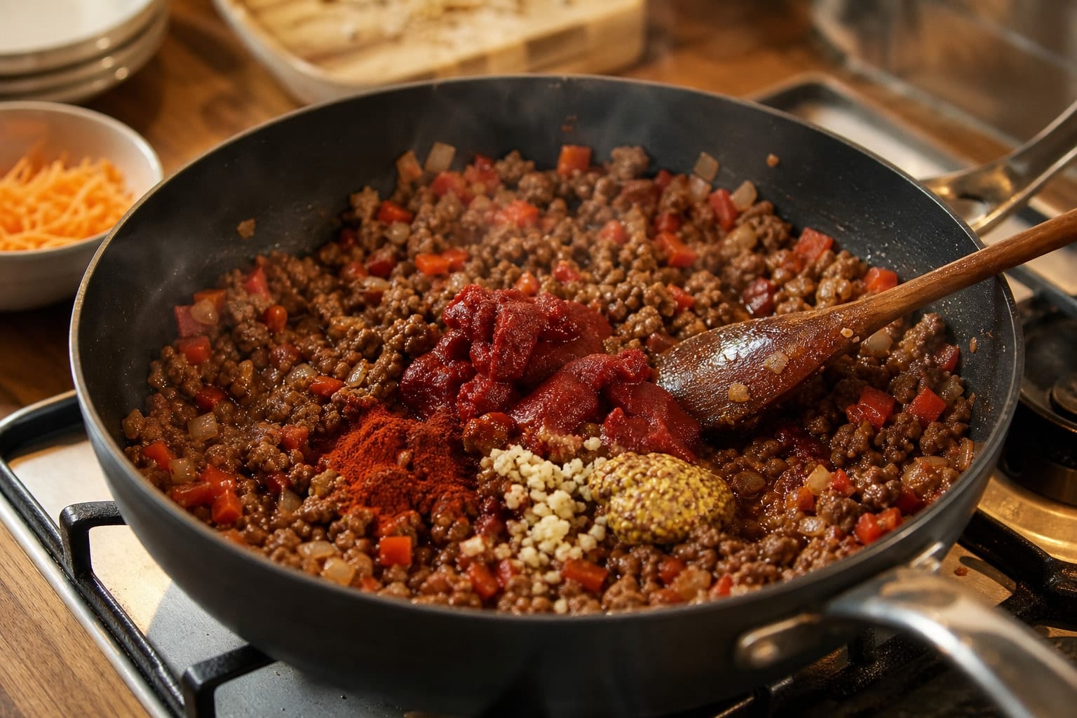 Smoky Beef Tomato Jackets with Lettuce Crunch cooking step 4: Build the sauce.