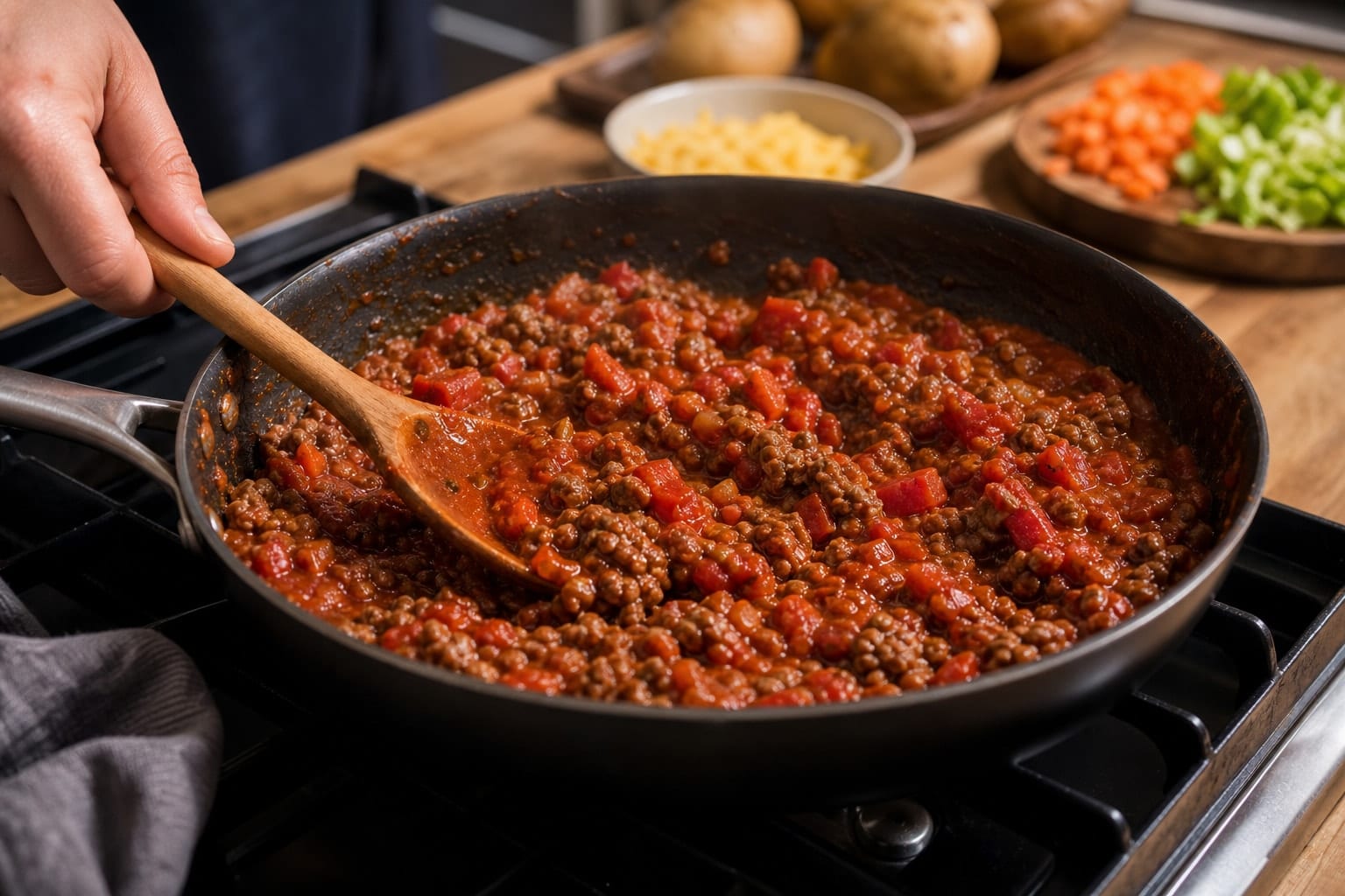 Smoky Beef Tomato Jackets with Lettuce Crunch cooking step 5: Simmer the beef.