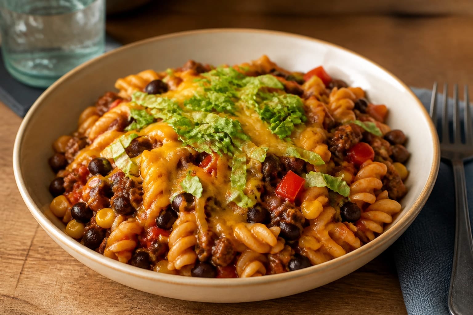 Beef Bean Pasta Skillet with Cheddar and Lime plated and ready to serve.