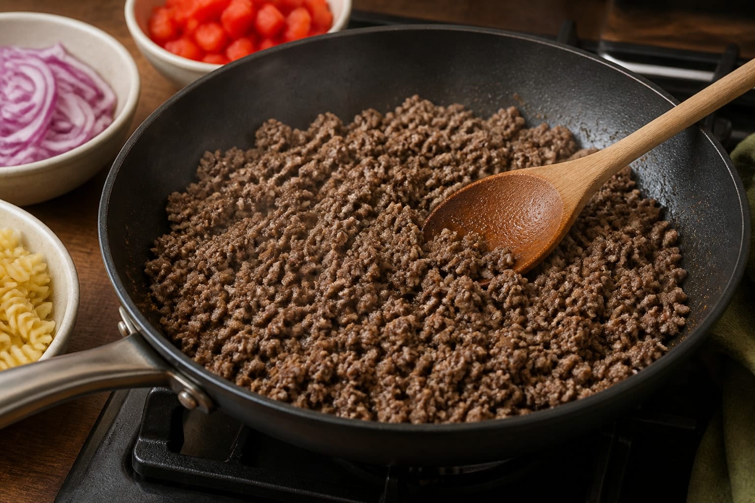 Beef Bean Pasta Skillet with Cheddar and Lime cooking step 2: Brown the beef.