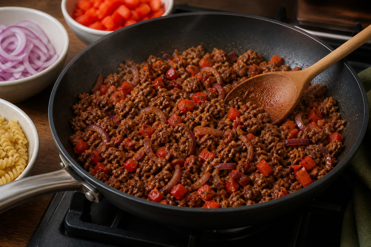 Beef Bean Pasta Skillet with Cheddar and Lime cooking step 3: Add vegetables and spices.