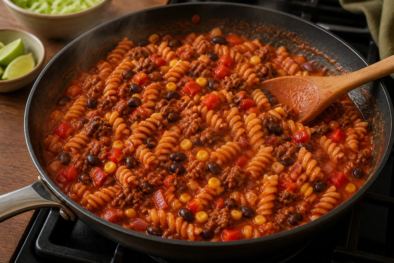 Beef Bean Pasta Skillet with Cheddar and Lime cooking step 4: Simmer the pasta.