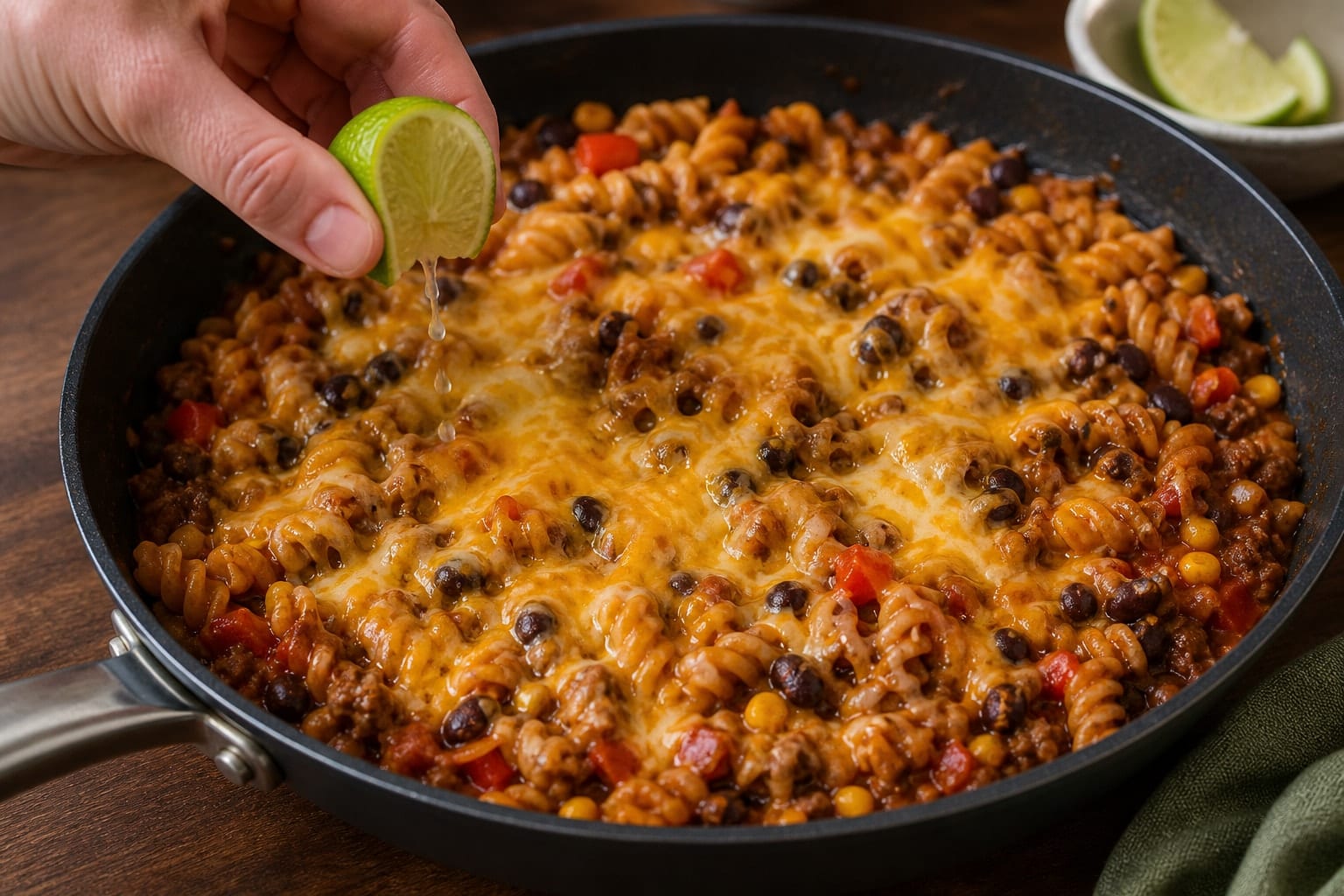 Beef Bean Pasta Skillet with Cheddar and Lime cooking step 5: Melt the cheddar.