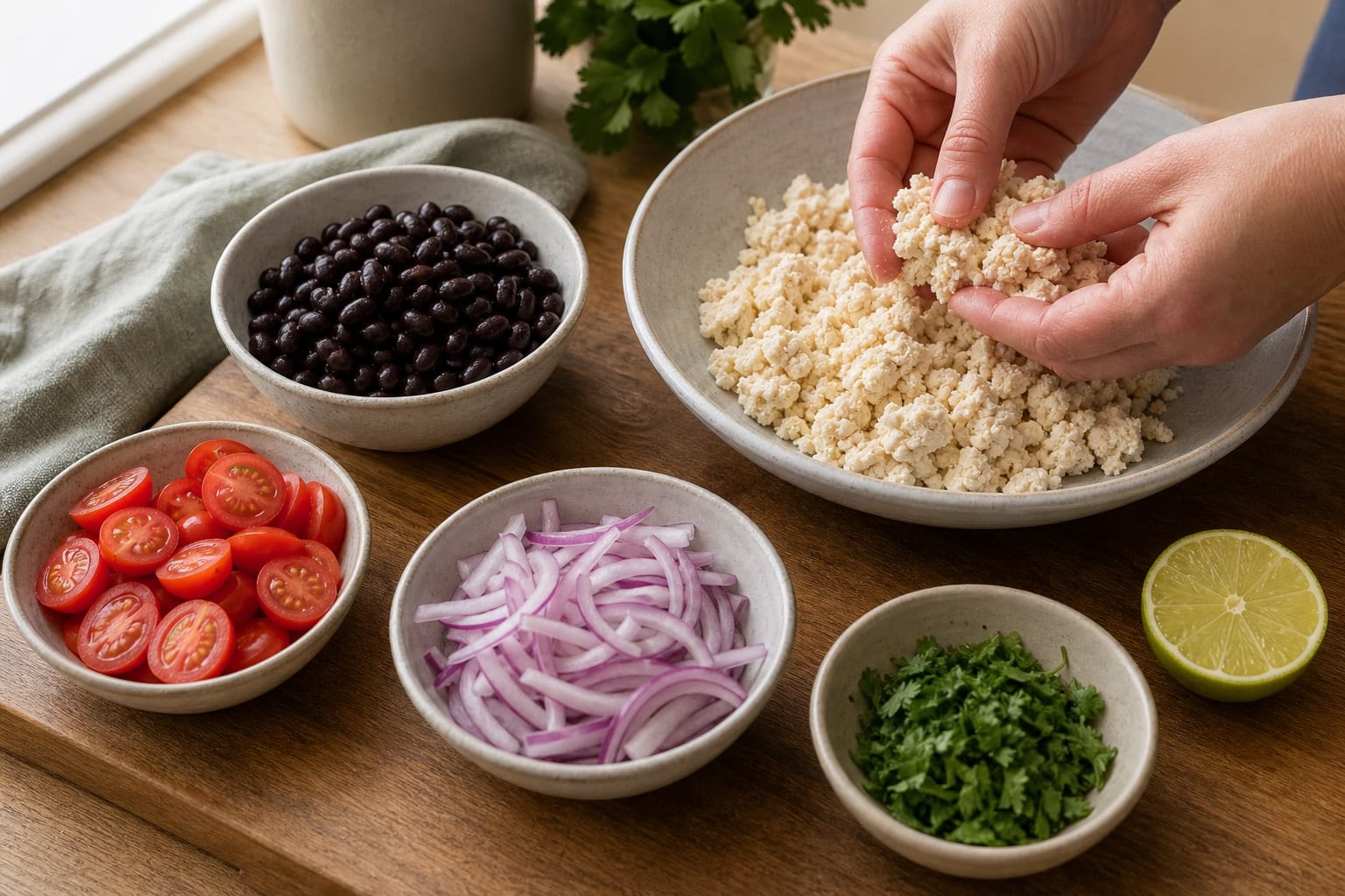Smoky Tomato Tofu Scramble with Black Beans cooking step 1: Prepare the scramble ingredients.