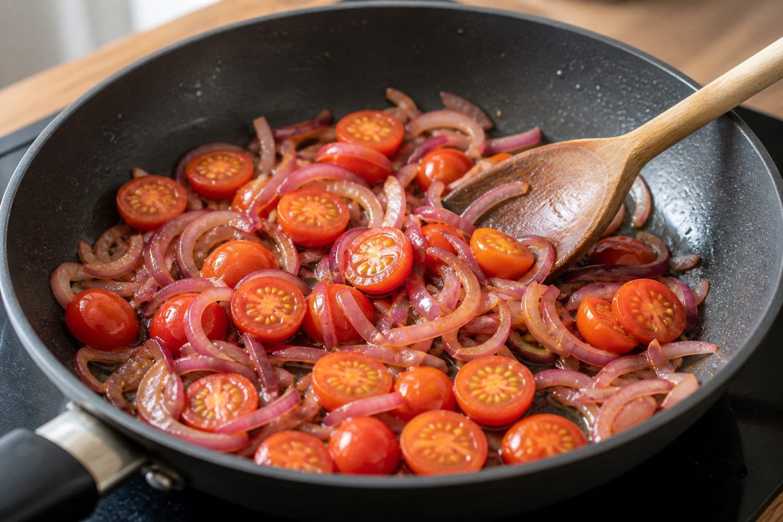 Smoky Tomato Tofu Scramble with Black Beans cooking step 2: Soften the onion and tomatoes.