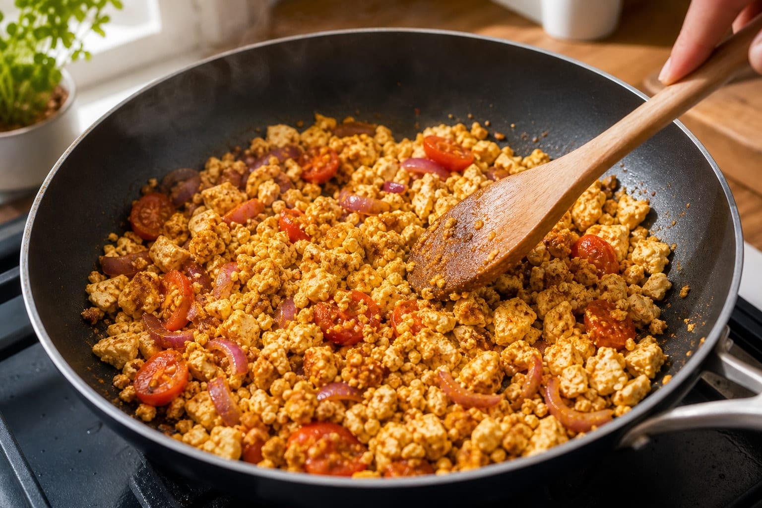 Smoky Tomato Tofu Scramble with Black Beans cooking step 3: Add the tofu and spices.