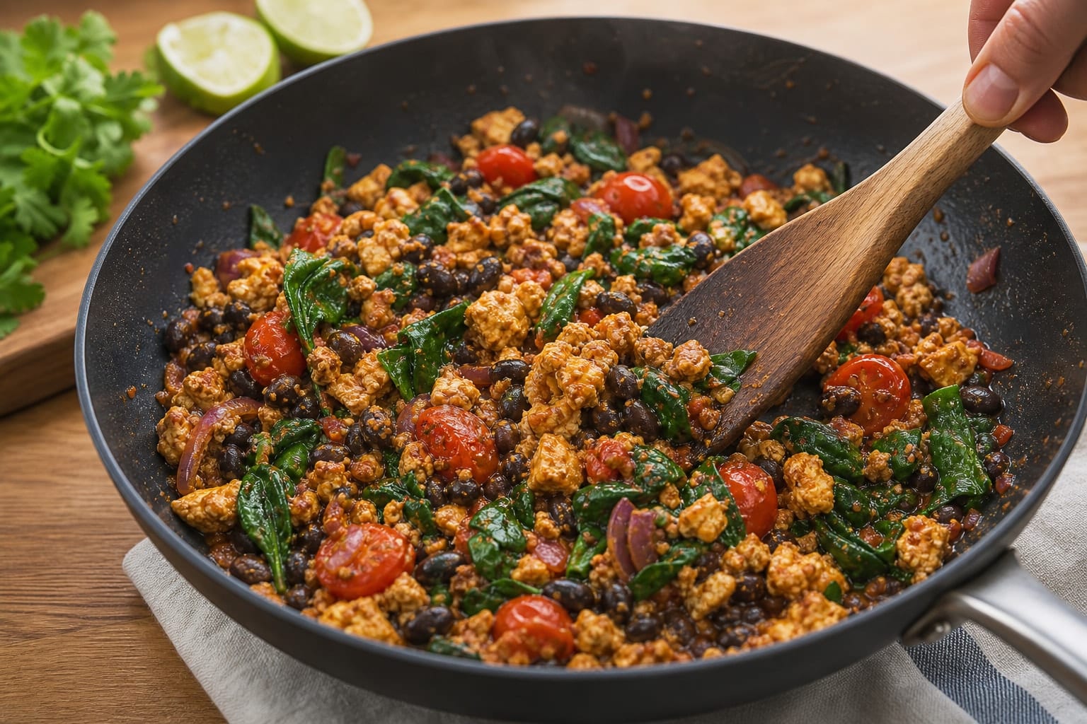 Smoky Tomato Tofu Scramble with Black Beans cooking step 4: Fold in the beans and spinach.