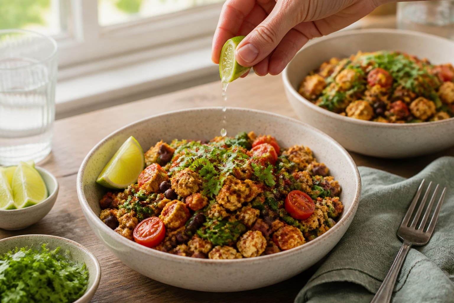 Smoky Tomato Tofu Scramble with Black Beans cooking step 5: Finish with lime and coriander.