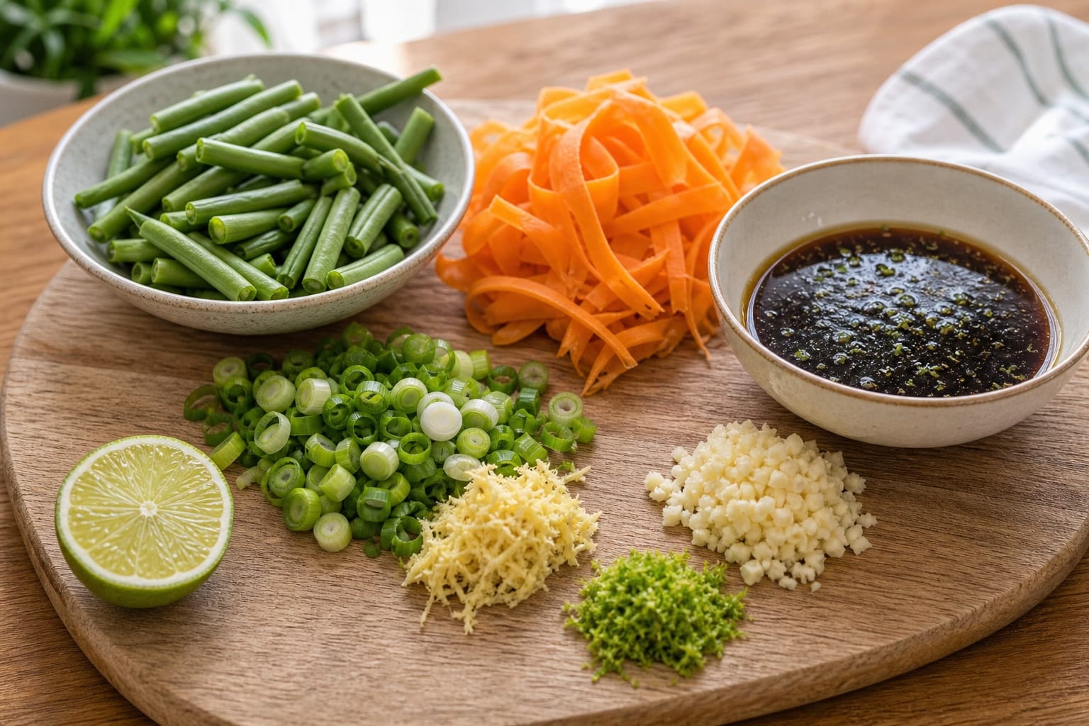 Sticky Pork Green Bean Noodles with Lime cooking step 1: Prepare the vegetables and sauce.