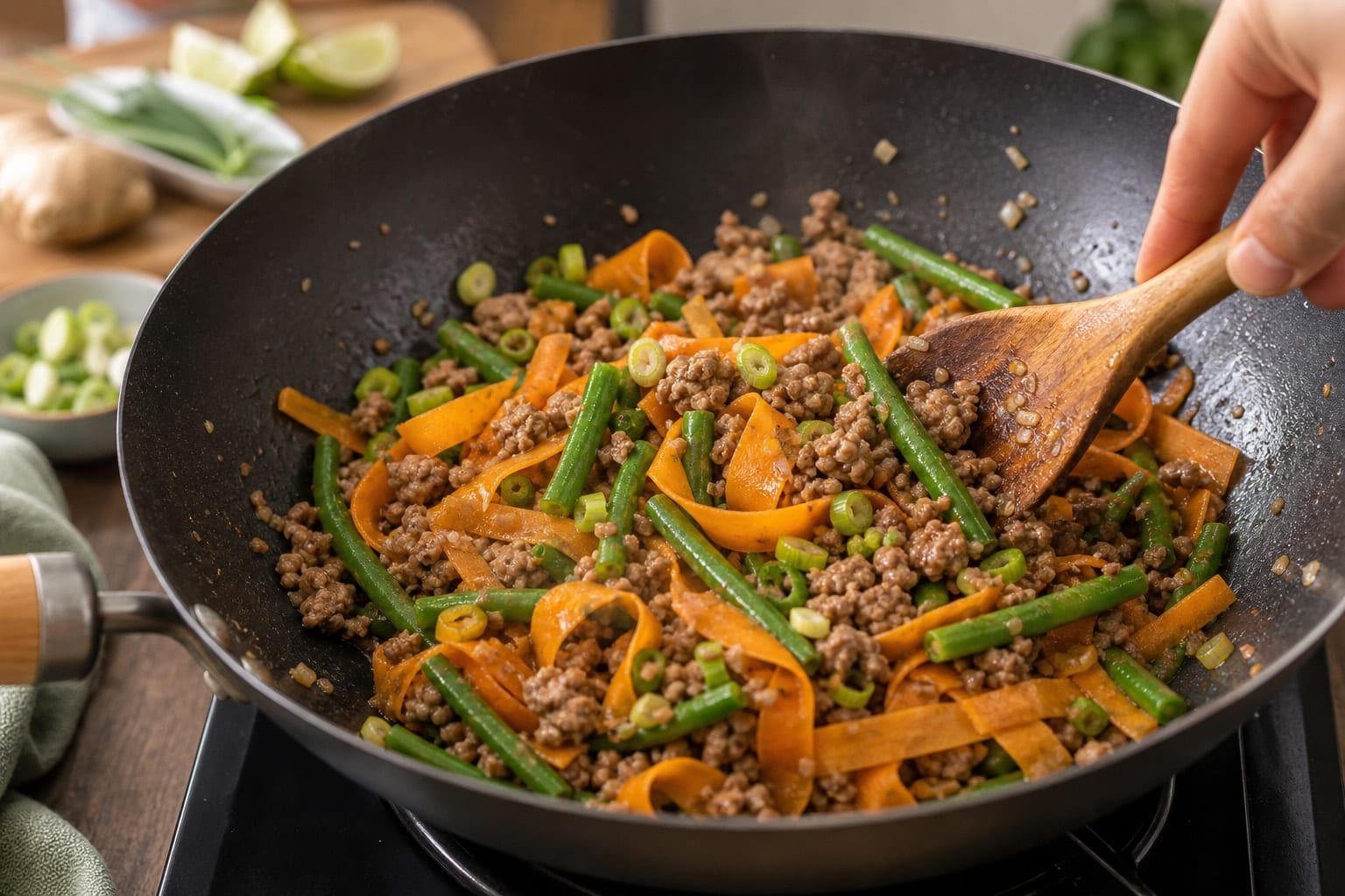 Sticky Pork Green Bean Noodles with Lime cooking step 4: Stir-fry the vegetables.