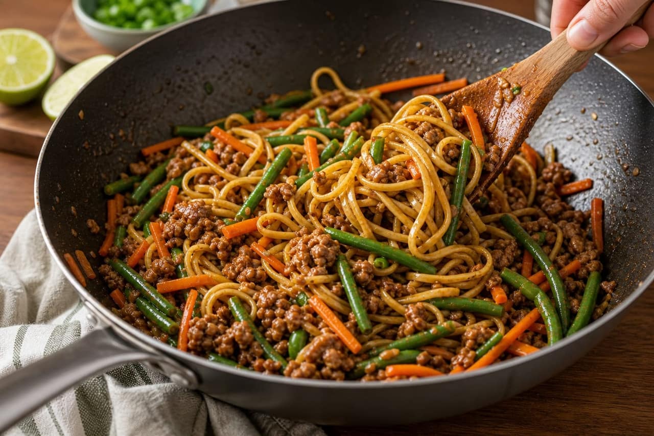 Sticky Pork Green Bean Noodles with Lime cooking step 6: Toss with noodles.