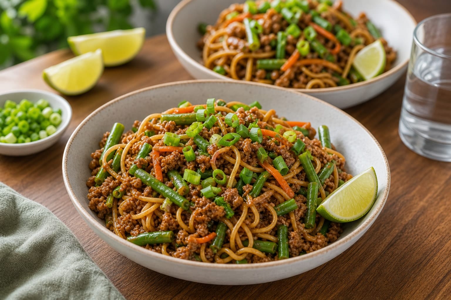 Sticky Pork Green Bean Noodles with Lime cooking step 7: Serve with spring onions.