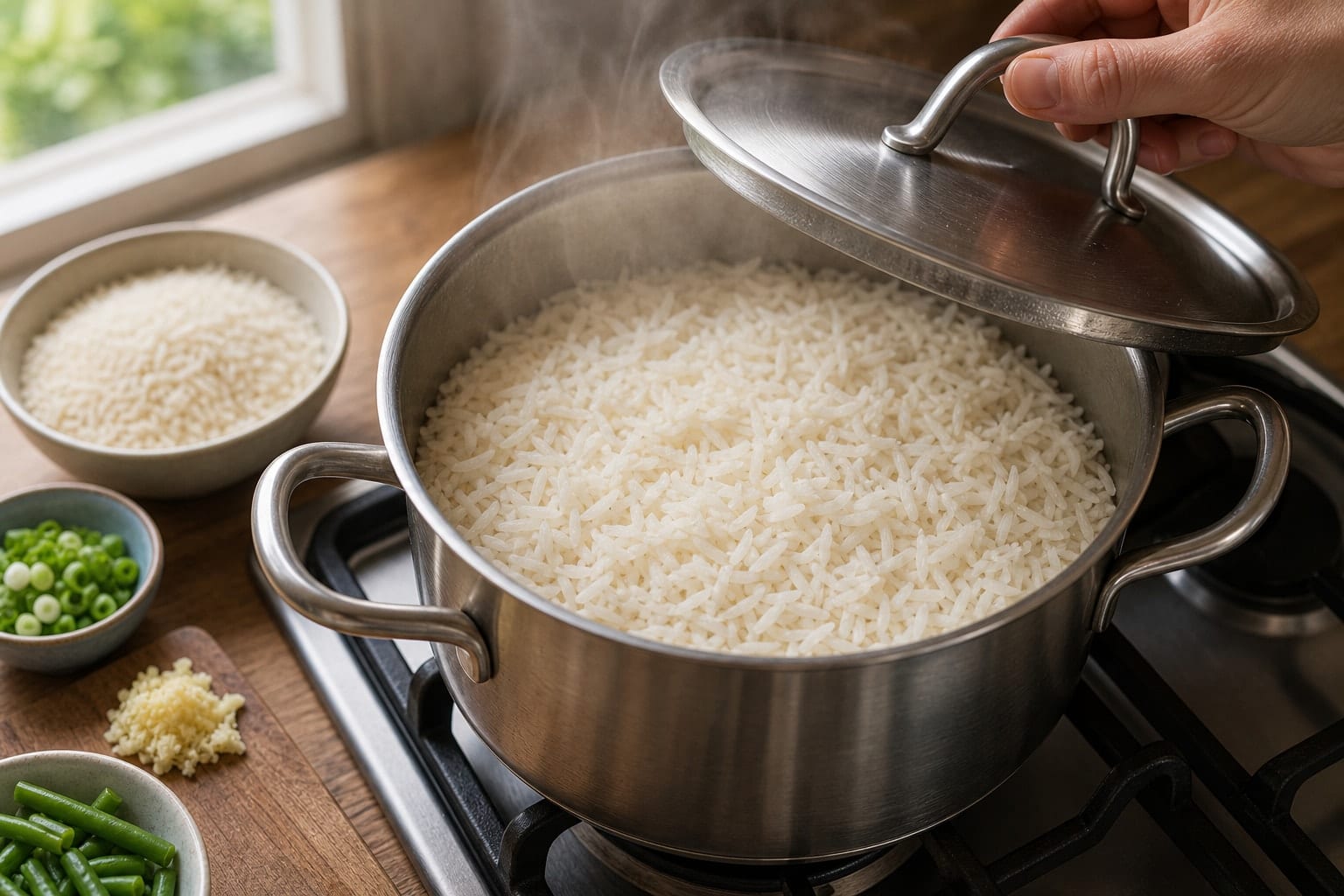 Sticky Pork Green Bean Rice Bowls with Lime cooking step 2: Cook the rice.