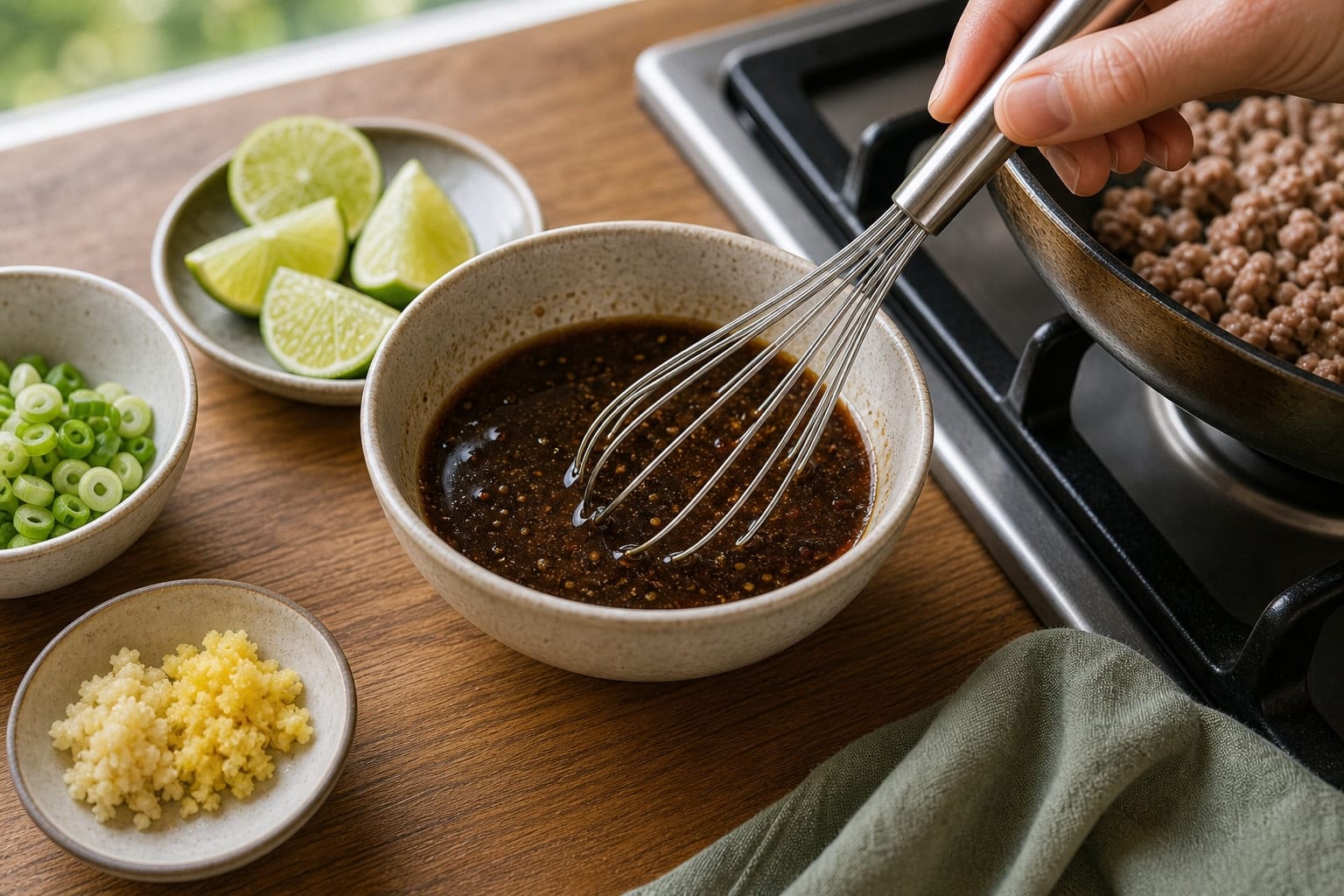 Sticky Pork Green Bean Rice Bowls with Lime cooking step 3: Mix the sticky sauce.