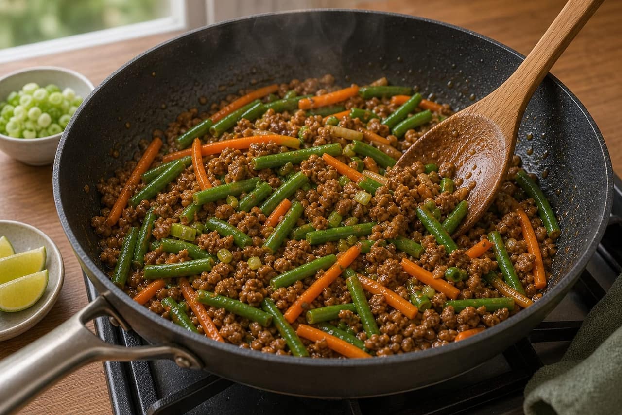 Sticky Pork Green Bean Rice Bowls with Lime cooking step 5: Stir-fry the vegetables.