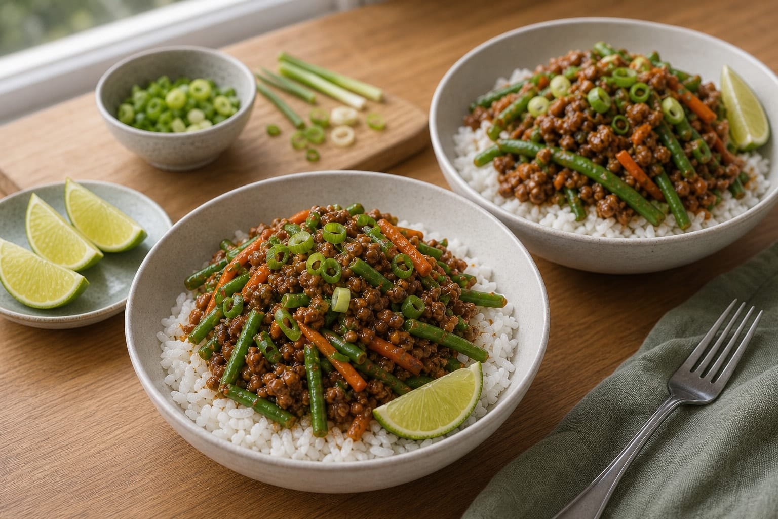 Sticky Pork Green Bean Rice Bowls with Lime cooking step 6: Serve the bowls.