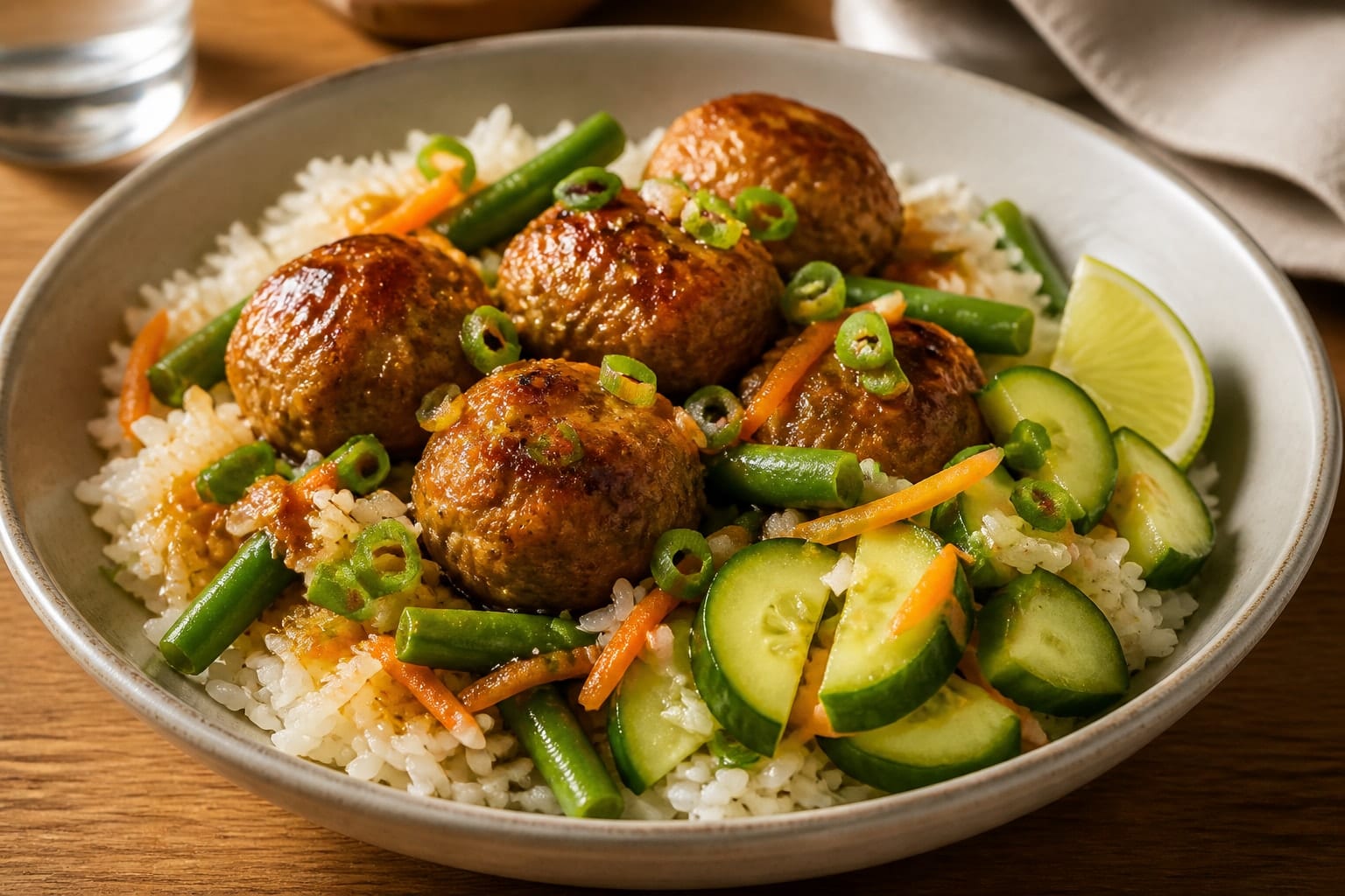 Sticky Turkey Meatball Rice Bowls with Cucumber Pickle plated and ready to serve.