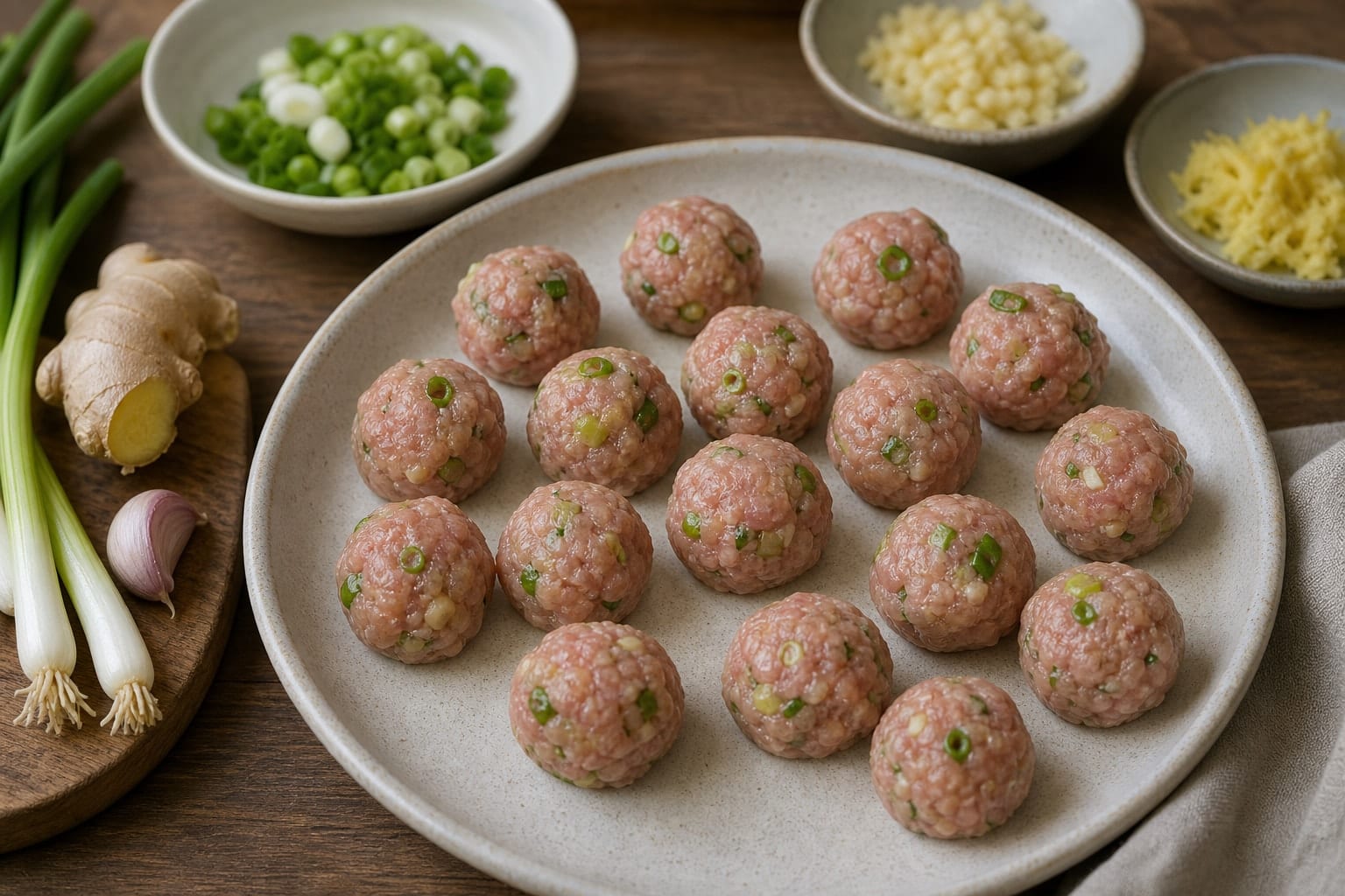 Sticky Turkey Meatball Rice Bowls with Cucumber Pickle cooking step 2: Shape the meatballs.