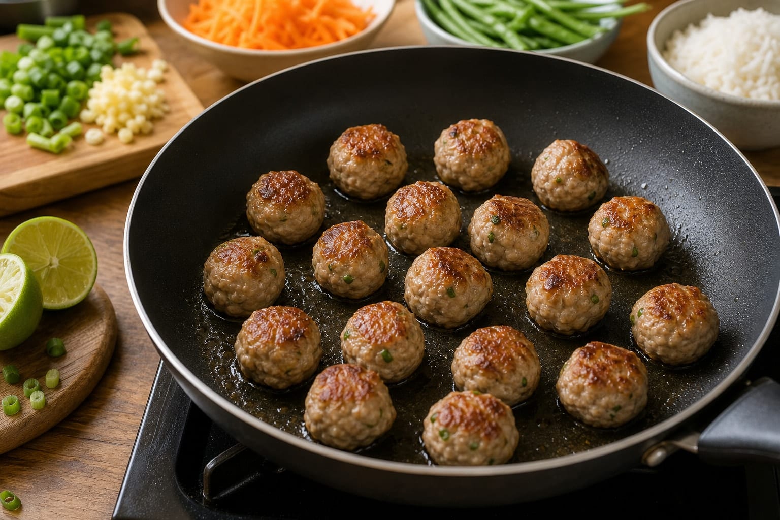 Sticky Turkey Meatball Rice Bowls with Cucumber Pickle cooking step 4: Brown the meatballs.