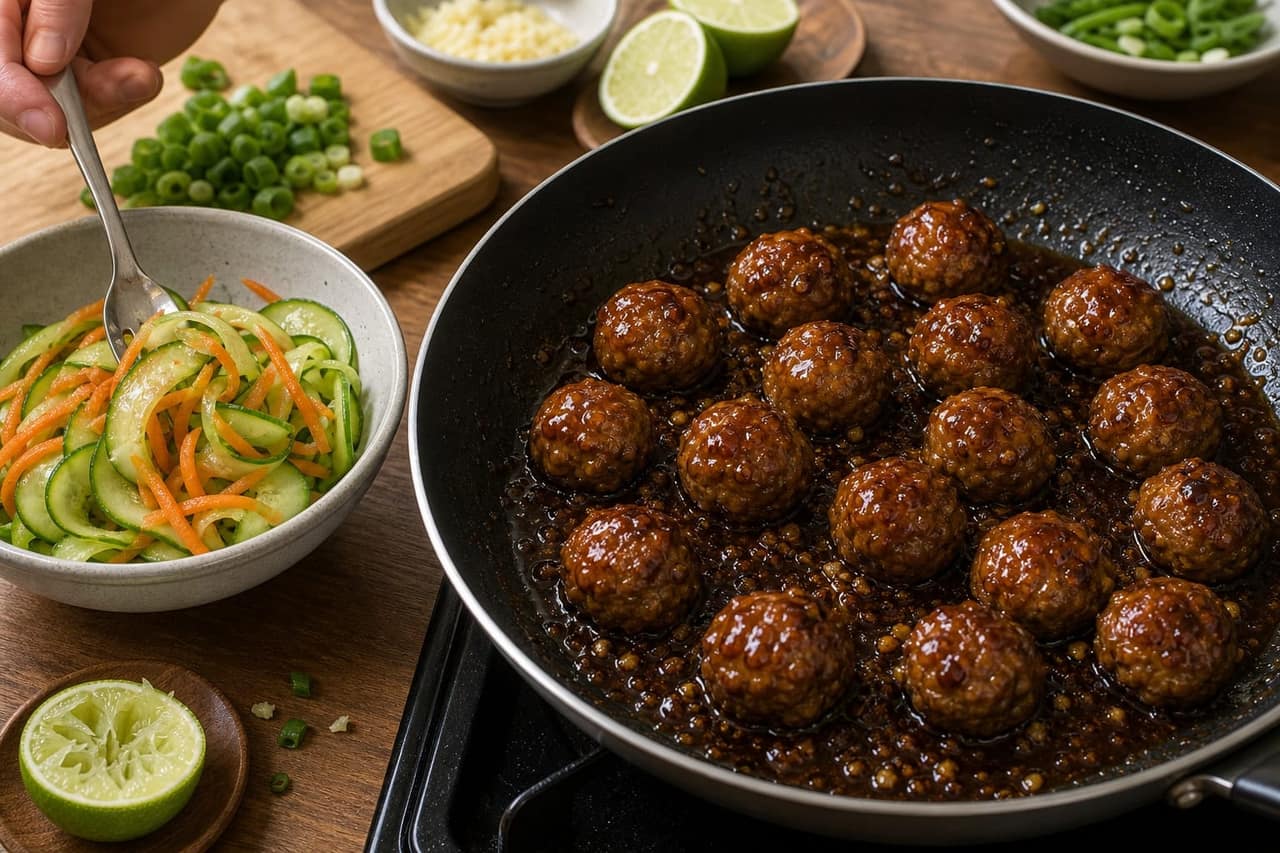 Sticky Turkey Meatball Rice Bowls with Cucumber Pickle cooking step 5: Glaze and pickle.