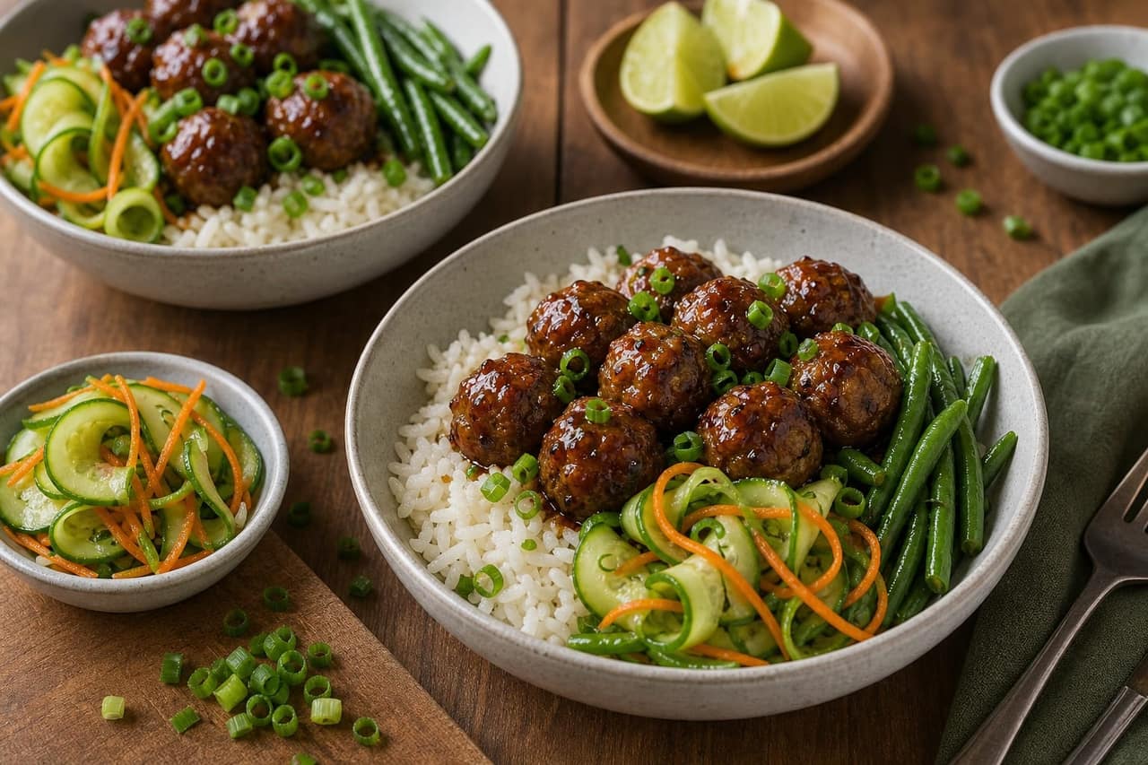 Sticky Turkey Meatball Rice Bowls with Cucumber Pickle cooking step 6: Build the bowls.