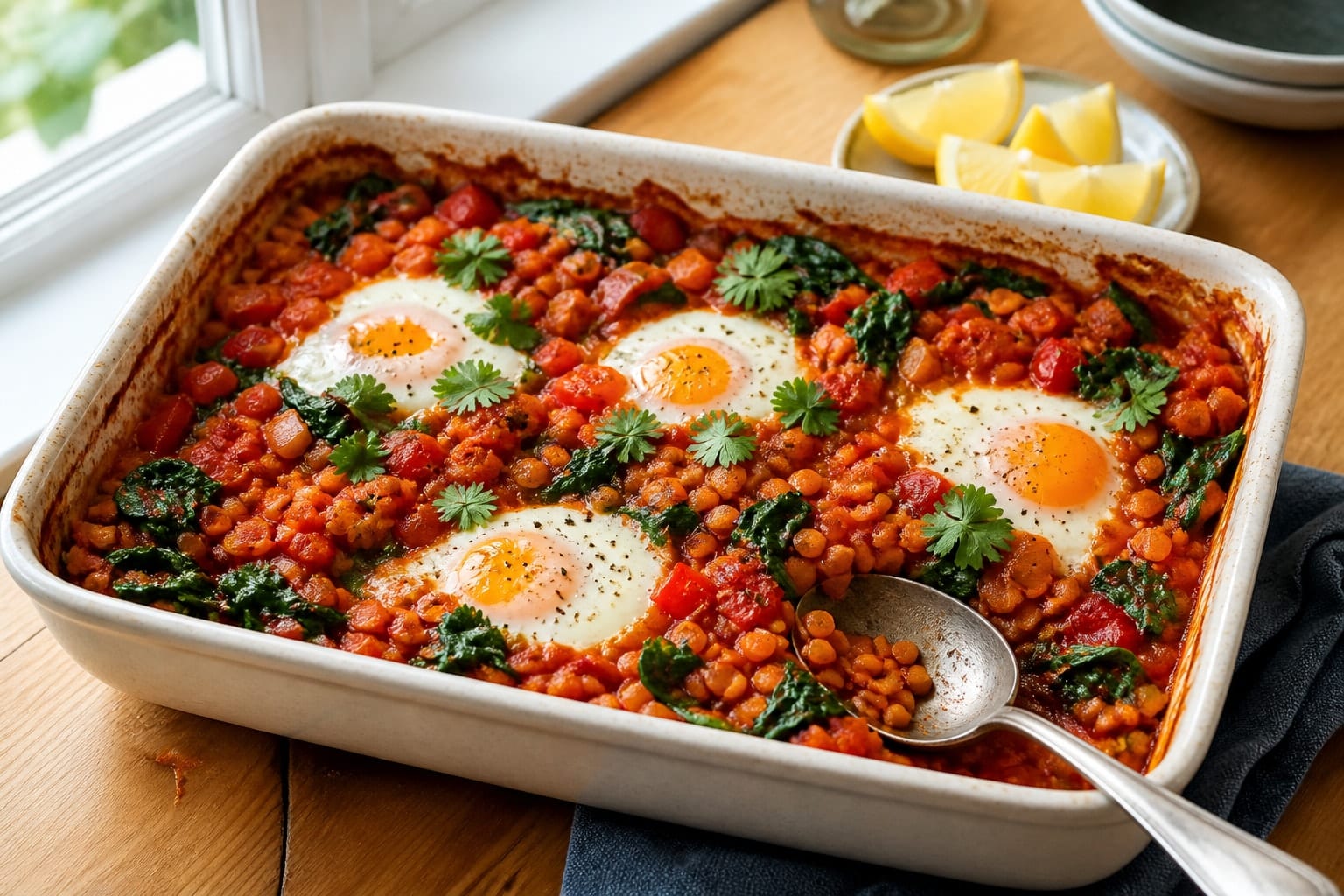 Tomato Lentil Baked Eggs with Spinach and Coriander plated and ready to serve.