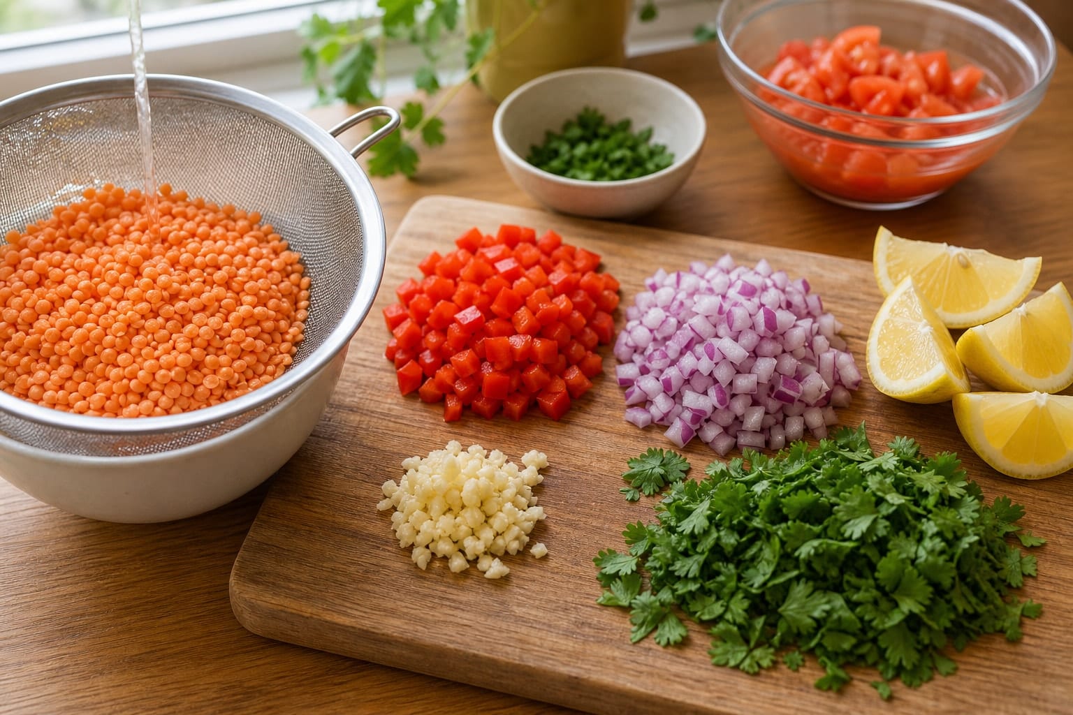 Tomato Lentil Baked Eggs with Spinach and Coriander cooking step 1: Prepare the vegetables.
