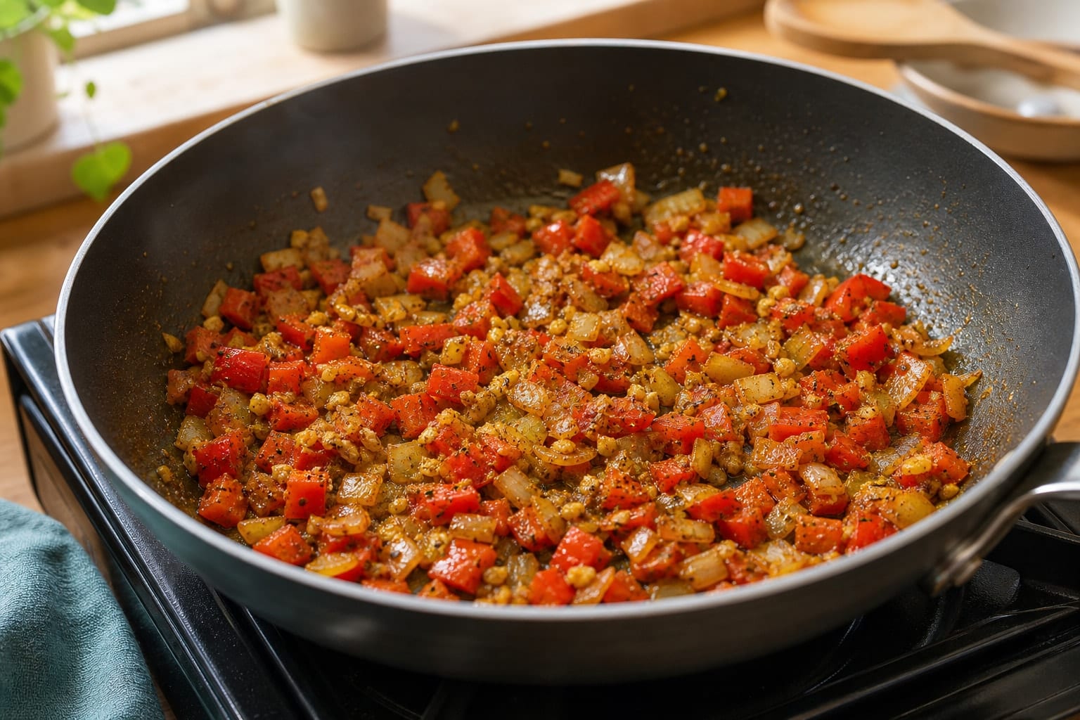 Tomato Lentil Baked Eggs with Spinach and Coriander cooking step 2: Build the tomato base.