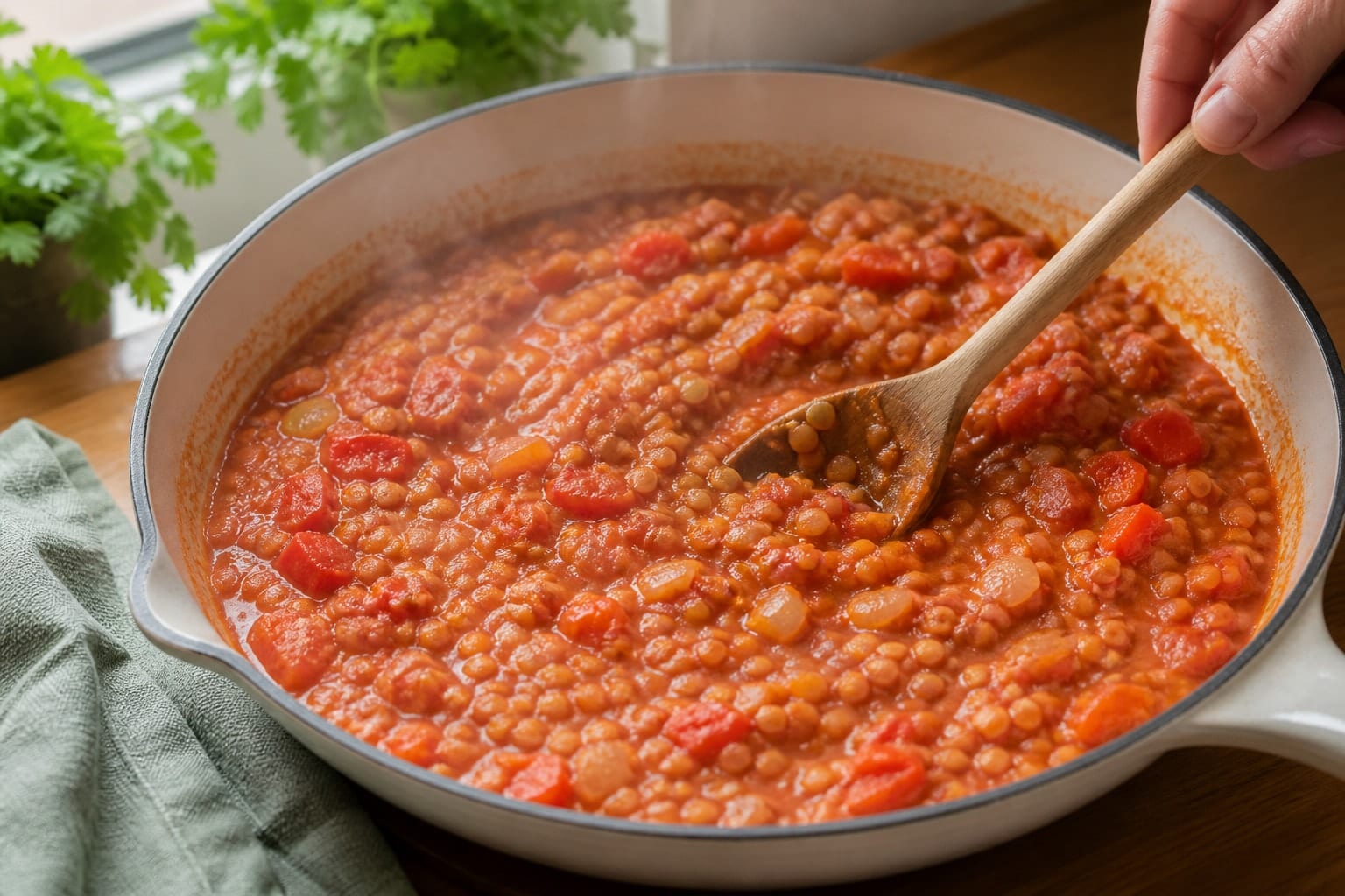 Tomato Lentil Baked Eggs with Spinach and Coriander cooking step 3: Simmer the lentils.