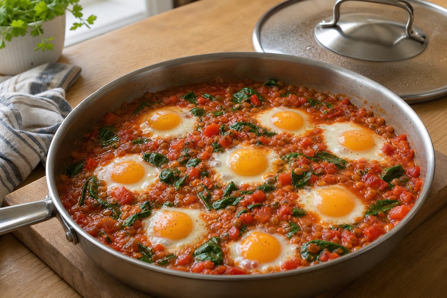 Tomato Lentil Baked Eggs with Spinach and Coriander cooking step 4: Set the eggs.