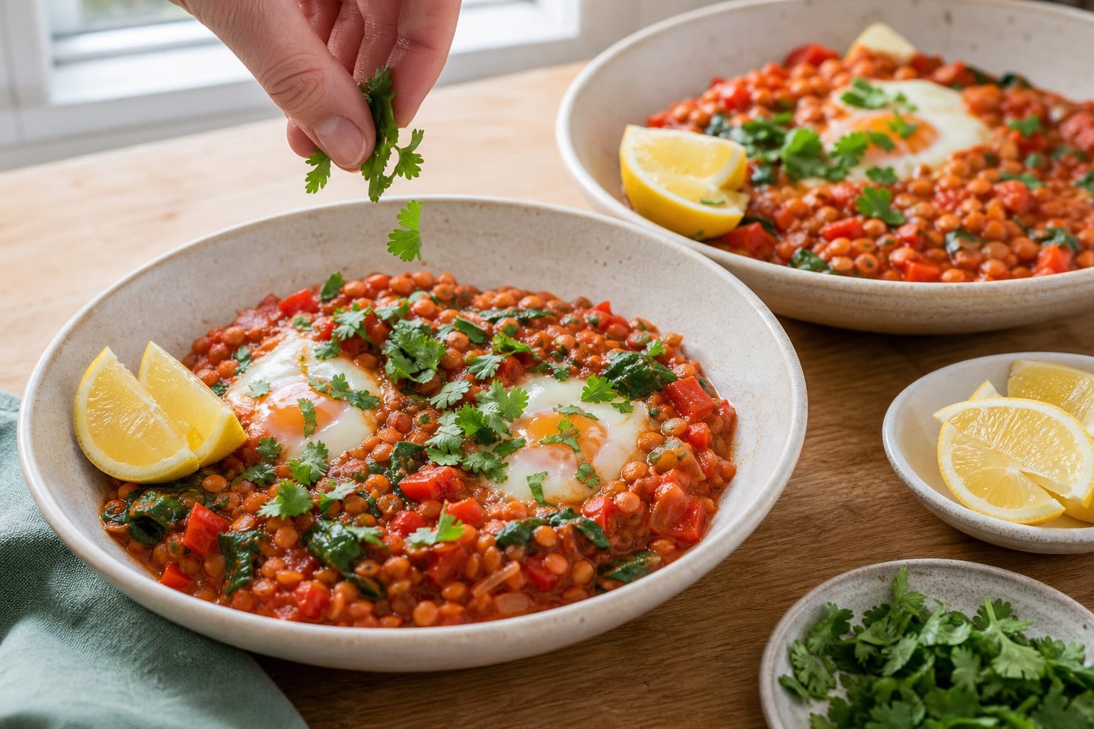 Tomato Lentil Baked Eggs with Spinach and Coriander cooking step 5: Finish with coriander.
