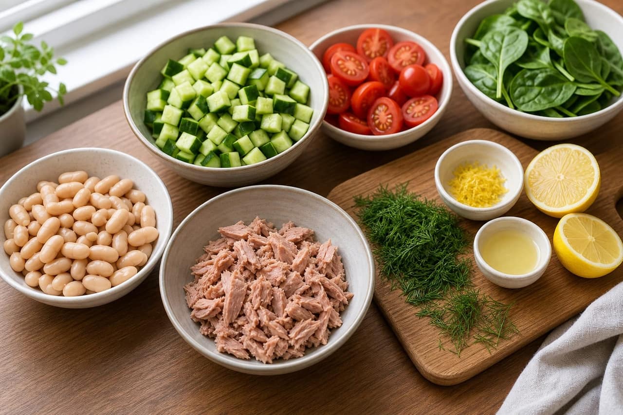 Tuna Cannellini Dill Pasta Boxes with Lemon Yoghurt cooking step 1: Prepare the salad ingredients.
