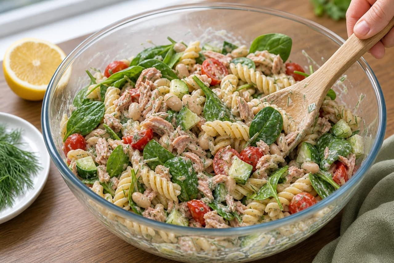 Tuna Cannellini Dill Pasta Boxes with Lemon Yoghurt cooking step 4: Fold the pasta salad.