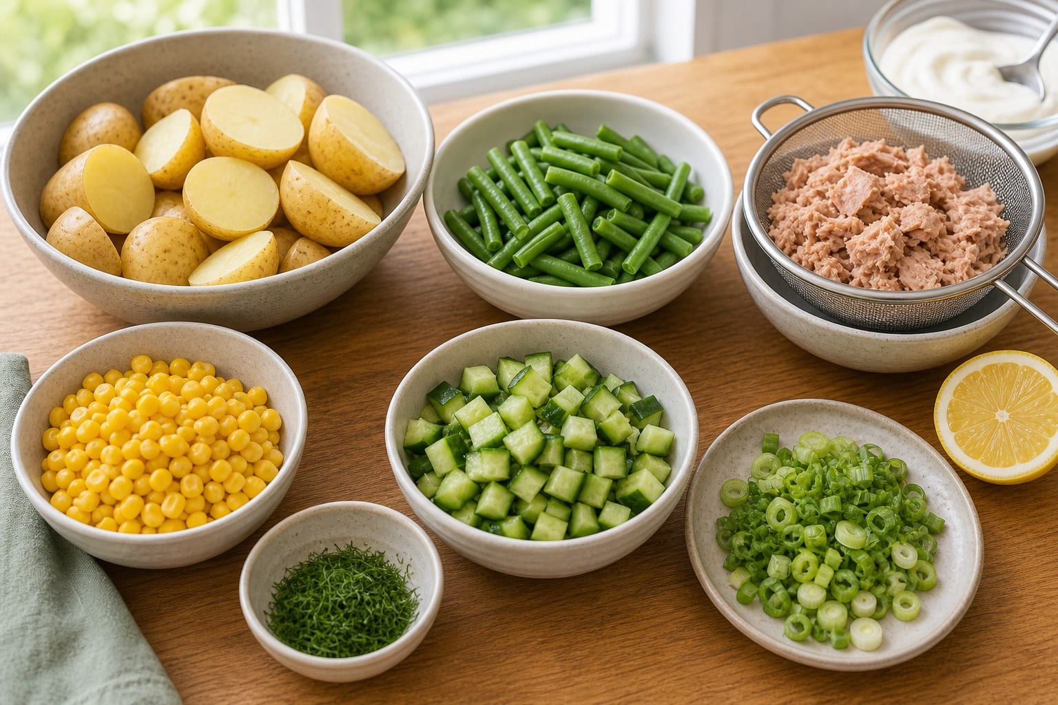 Tuna Sweetcorn Potato Boxes with Dill Yoghurt cooking step 1: Prep the vegetables.