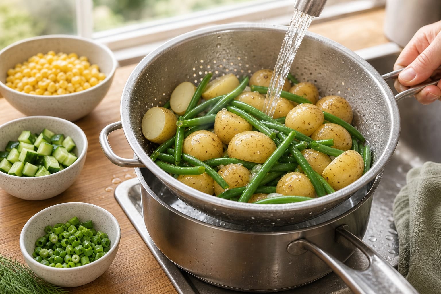 Tuna Sweetcorn Potato Boxes with Dill Yoghurt cooking step 2: Cook the potatoes and beans.