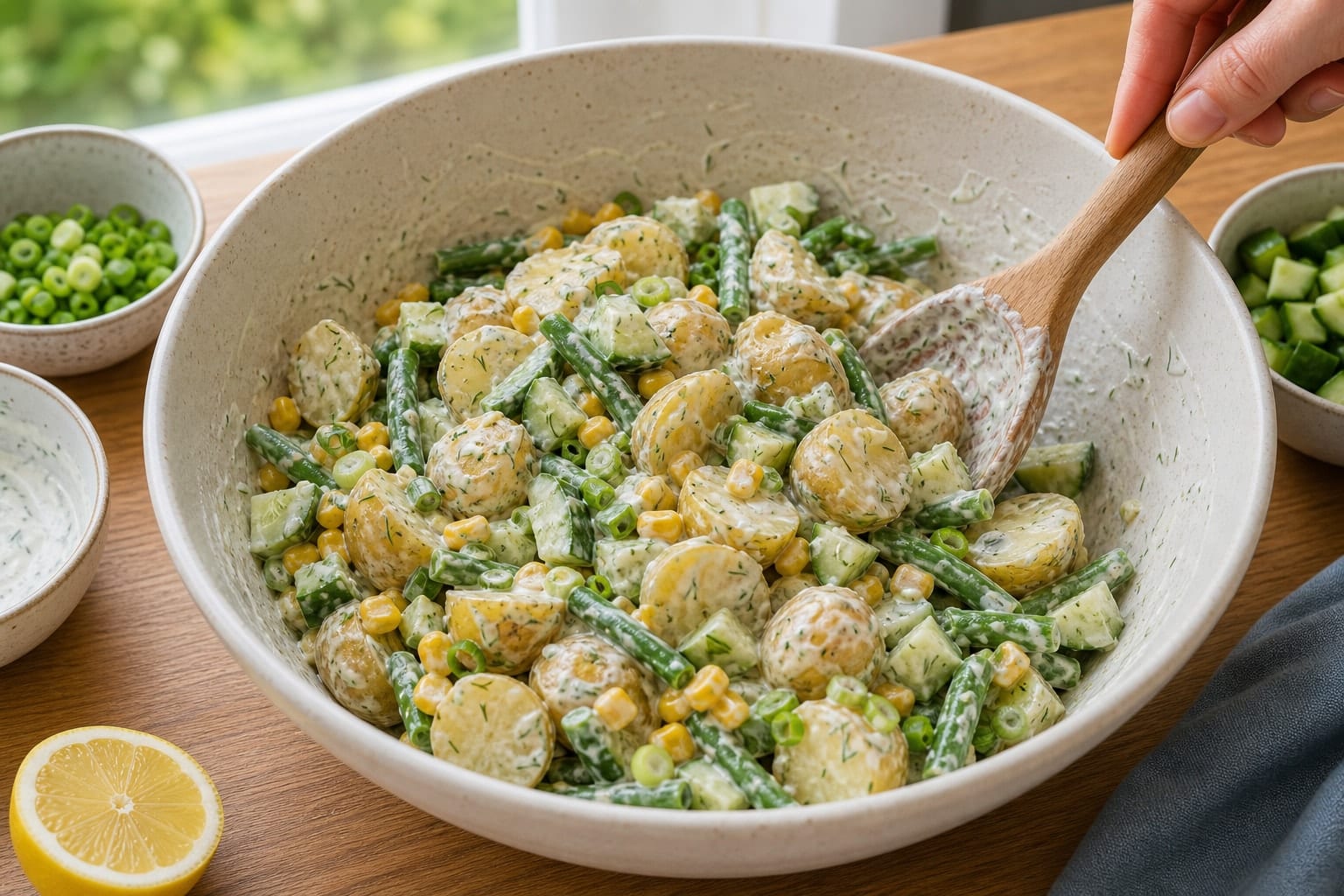 Tuna Sweetcorn Potato Boxes with Dill Yoghurt cooking step 4: Combine the potatoes and veg.