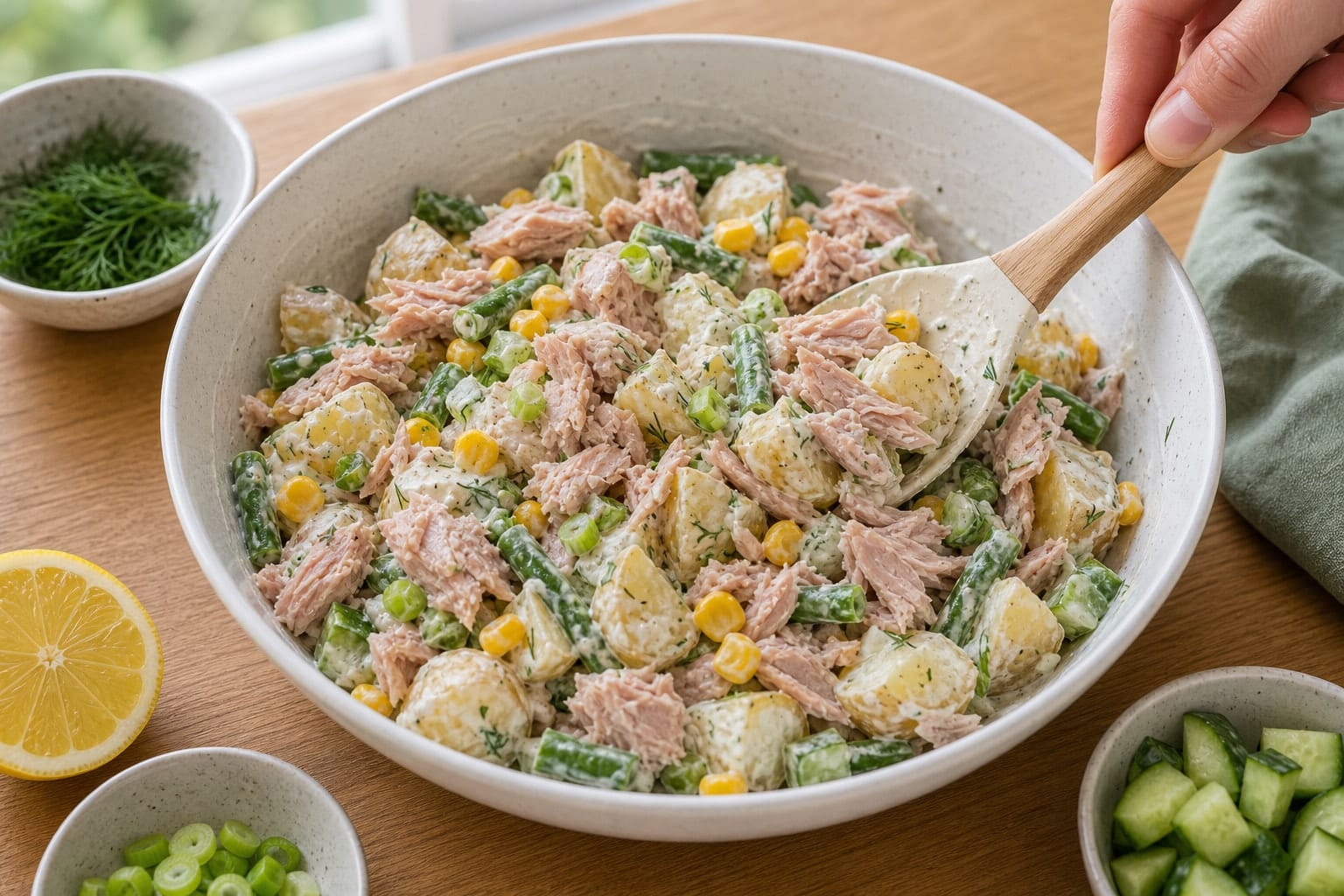 Tuna Sweetcorn Potato Boxes with Dill Yoghurt cooking step 5: Fold in the tuna.