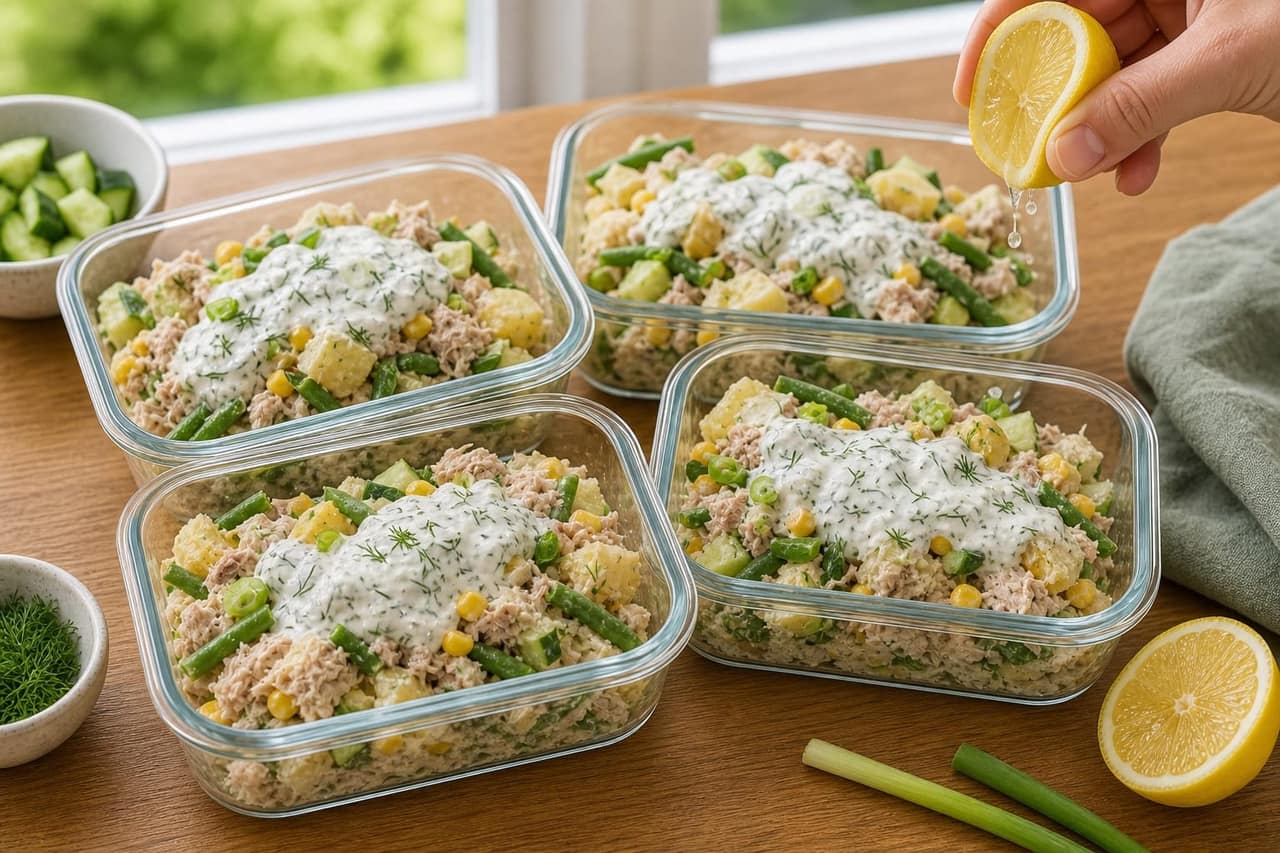 Tuna Sweetcorn Potato Boxes with Dill Yoghurt cooking step 6: Pack the boxes.