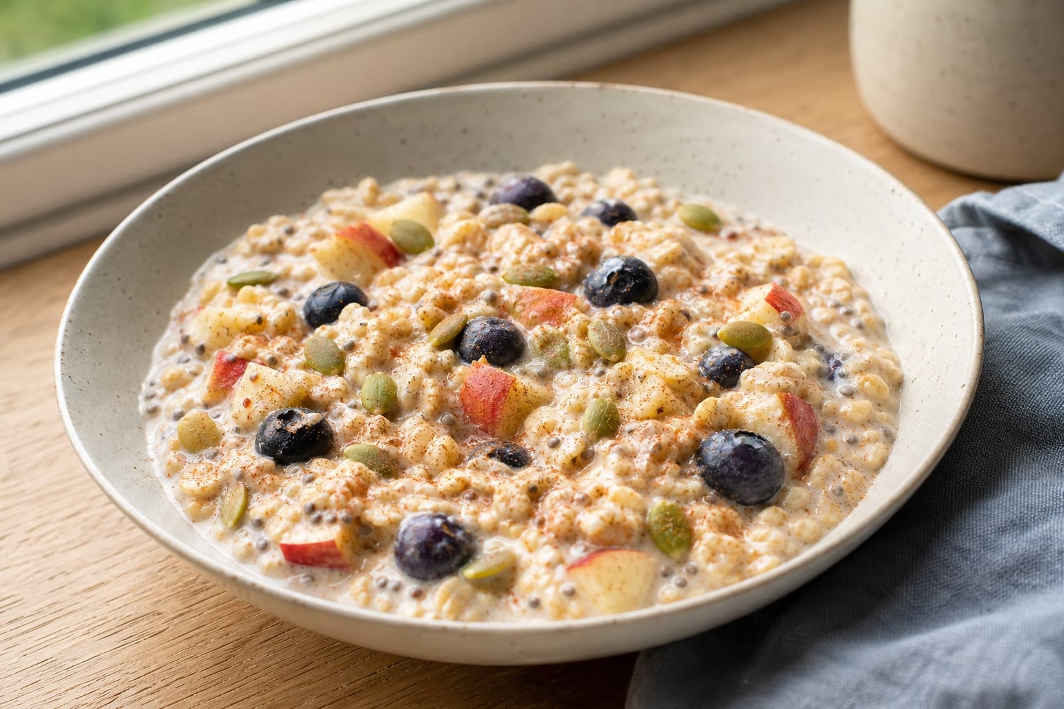 Apple Blueberry Overnight Oat Pots with Cinnamon Seeds plated and ready to serve.