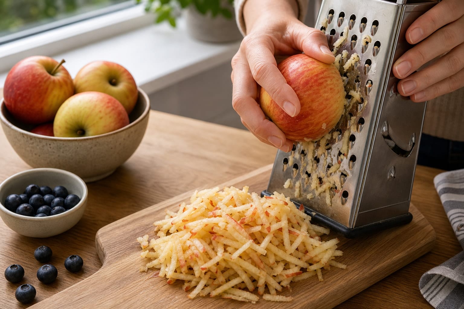 Apple Blueberry Overnight Oat Pots with Cinnamon Seeds cooking step 1: Grate the apples.