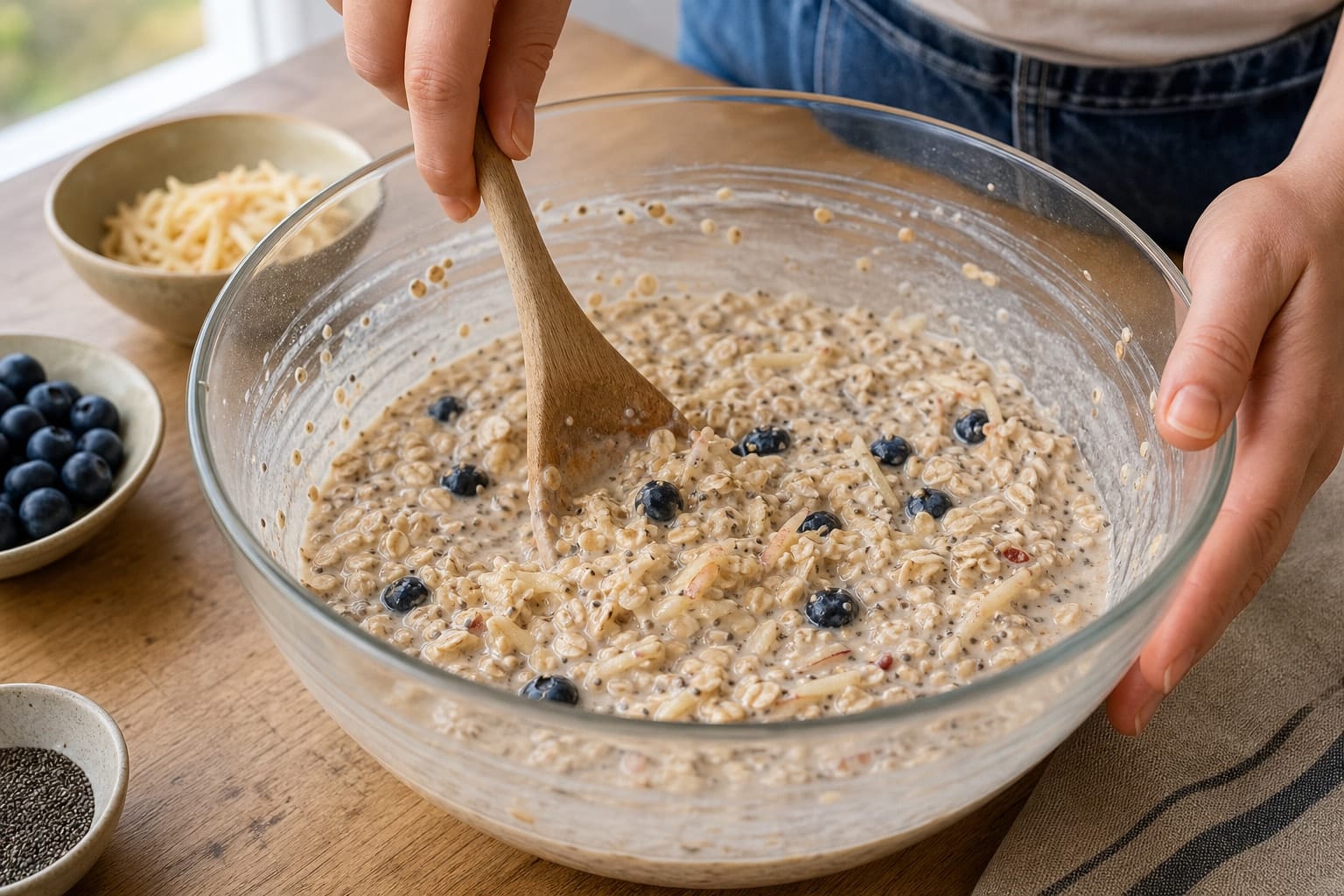 Apple Blueberry Overnight Oat Pots with Cinnamon Seeds cooking step 2: Mix the oats.