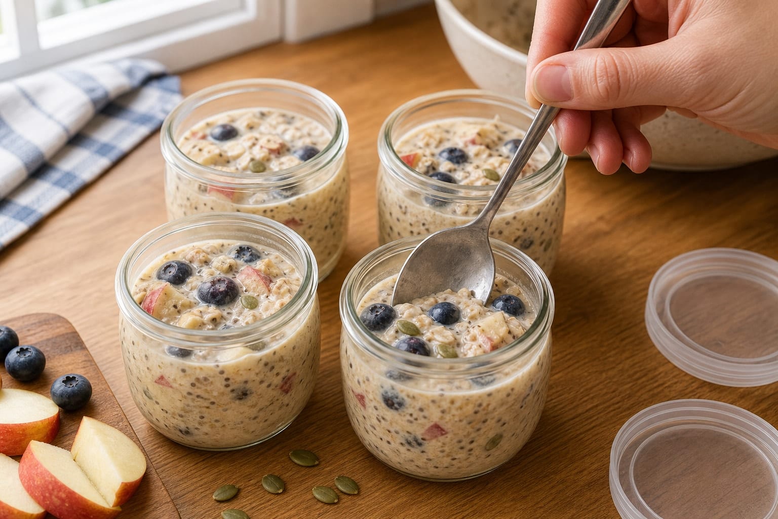 Apple Blueberry Overnight Oat Pots with Cinnamon Seeds cooking step 3: Portion the pots.